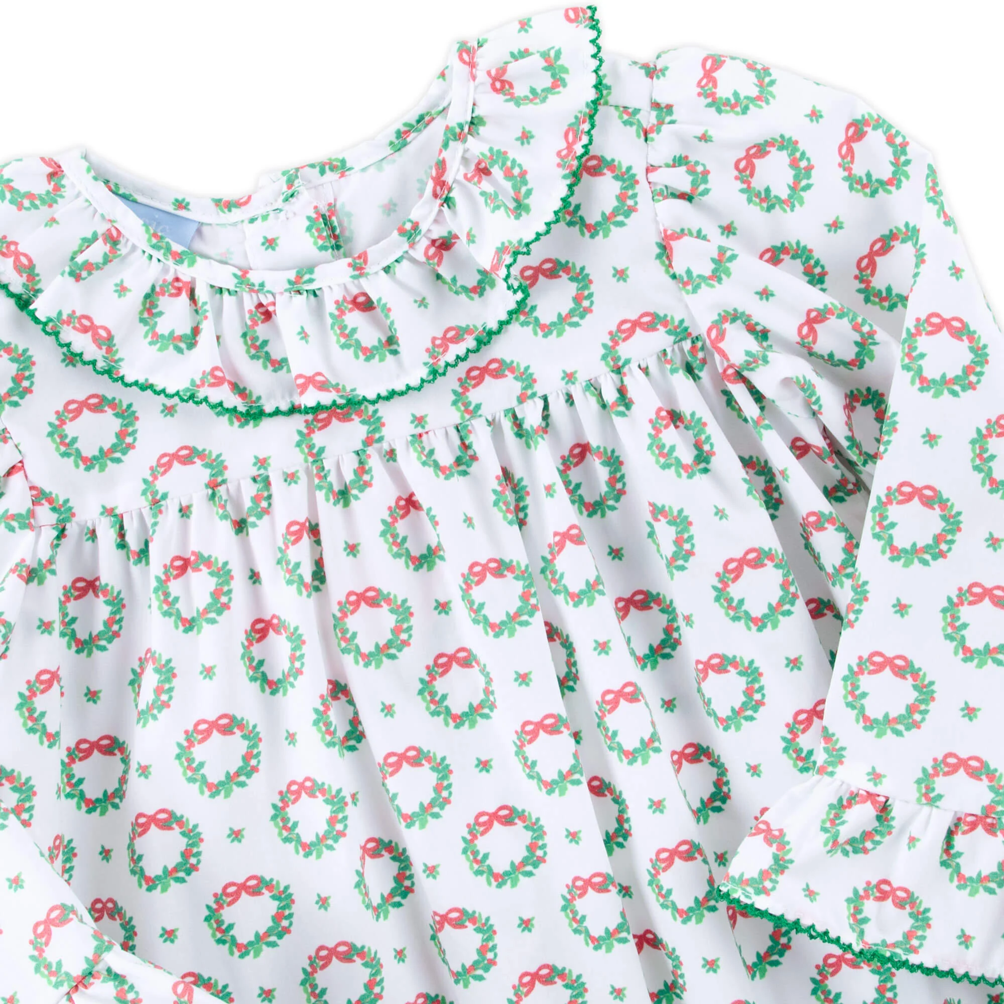 Holiday Wreath White Print Ruffle Collared Dress - Image 4