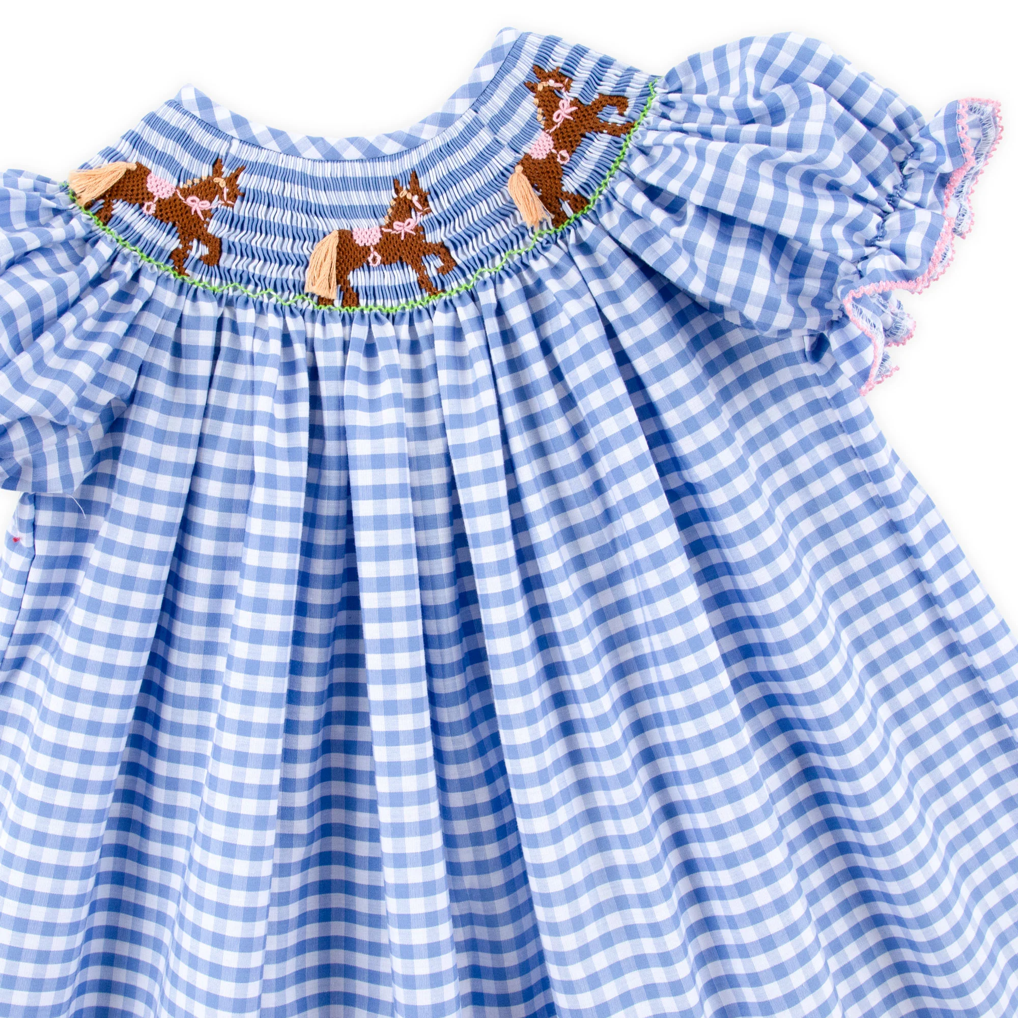 Horse & Bow Smocked Light Blue Gingham Bishop Dress - Image 2