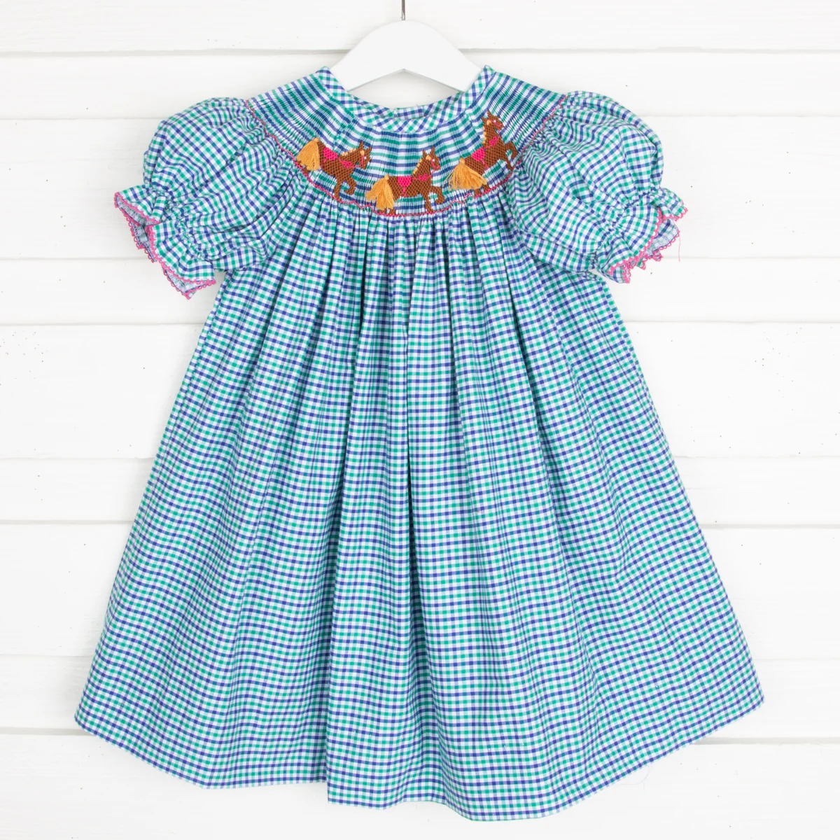 Horse Smocked Bishop Green & Blue Plaid
