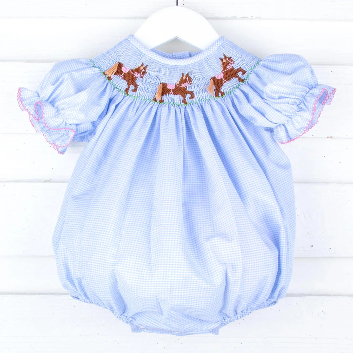 Horse Smocked Light Blue Gingham Bubble