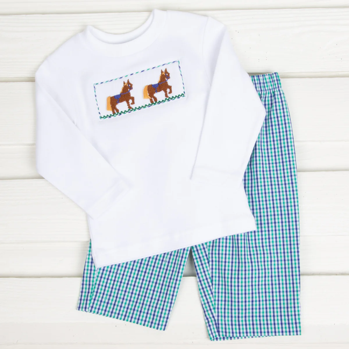 Horse Smocked Pant Set Green & Blue Plaid