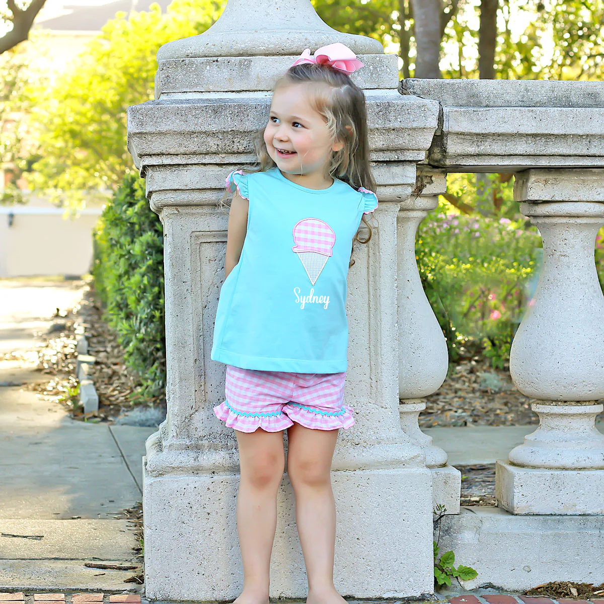Ice Cream Cone Applique Short Set Aqua and Pink Check
