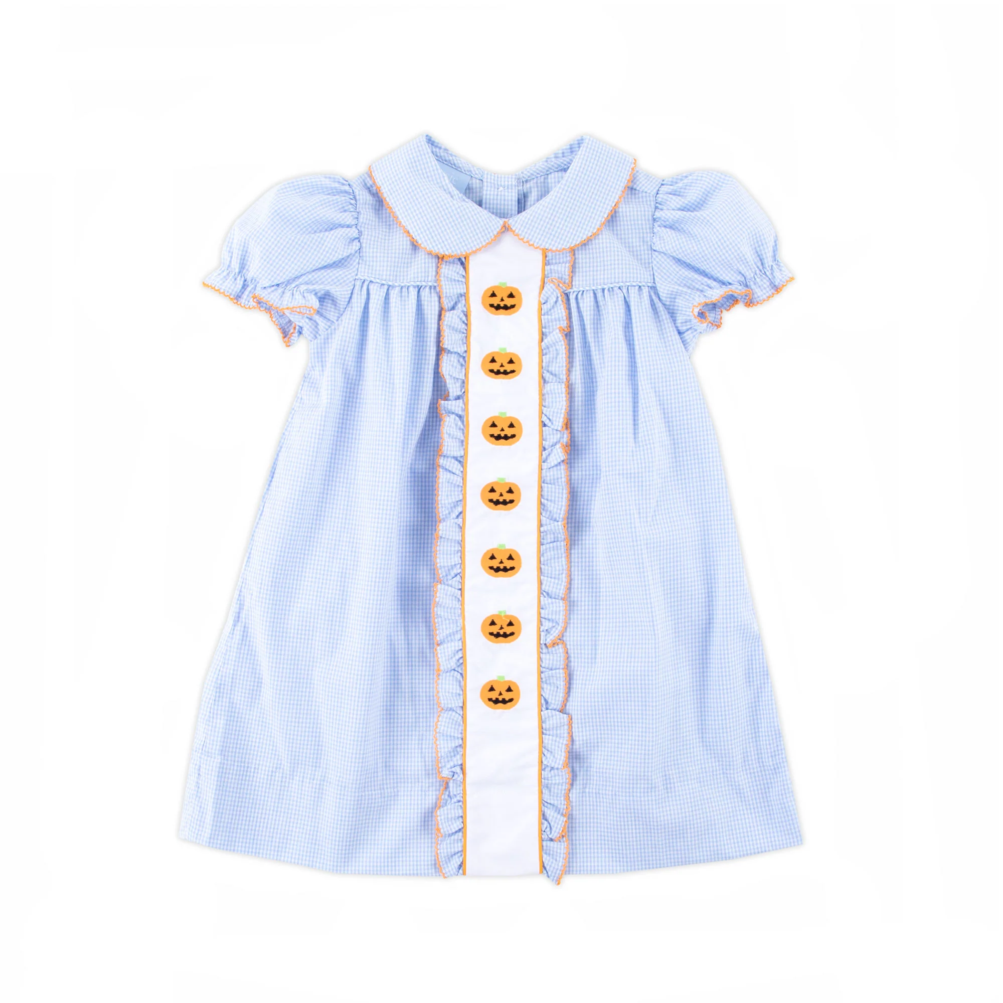 Jack O'Lantern Embroidered Light Blue Gingham Camila Dress