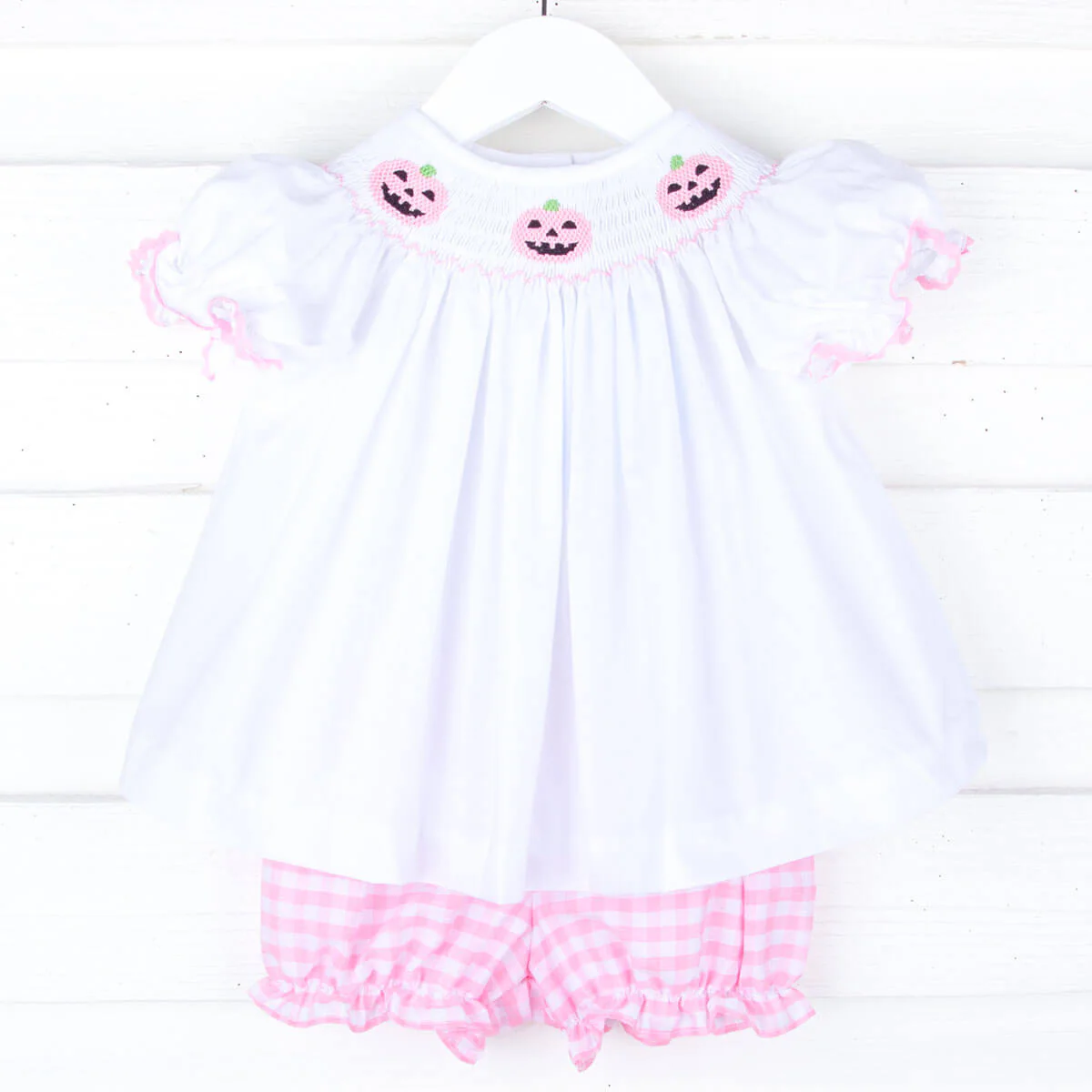 Jack O'Lantern Smocked Pink Gingham Bishop Bloomer Set