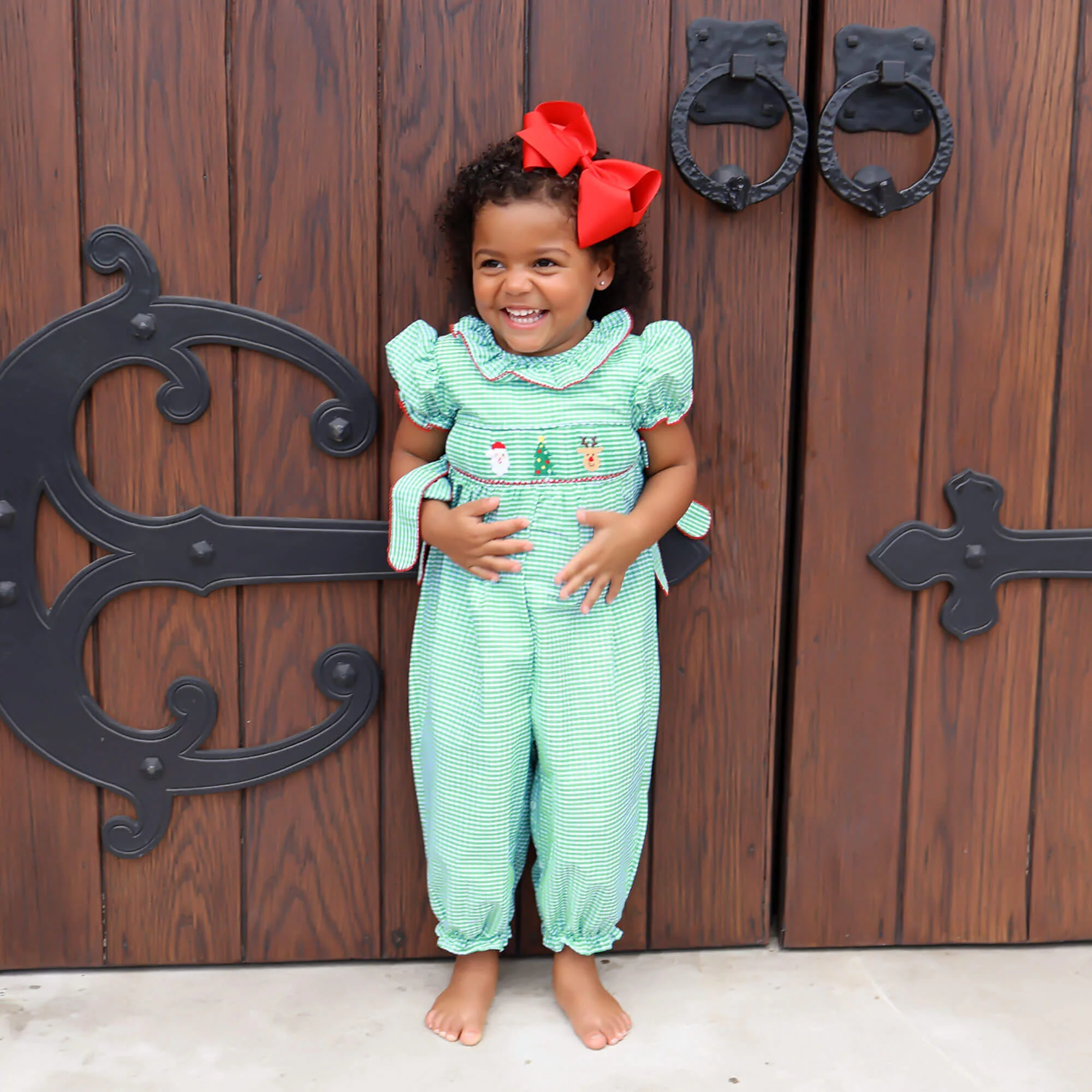 Jolly Christmas Smocked Green Windowpane Beverly Long Bubble