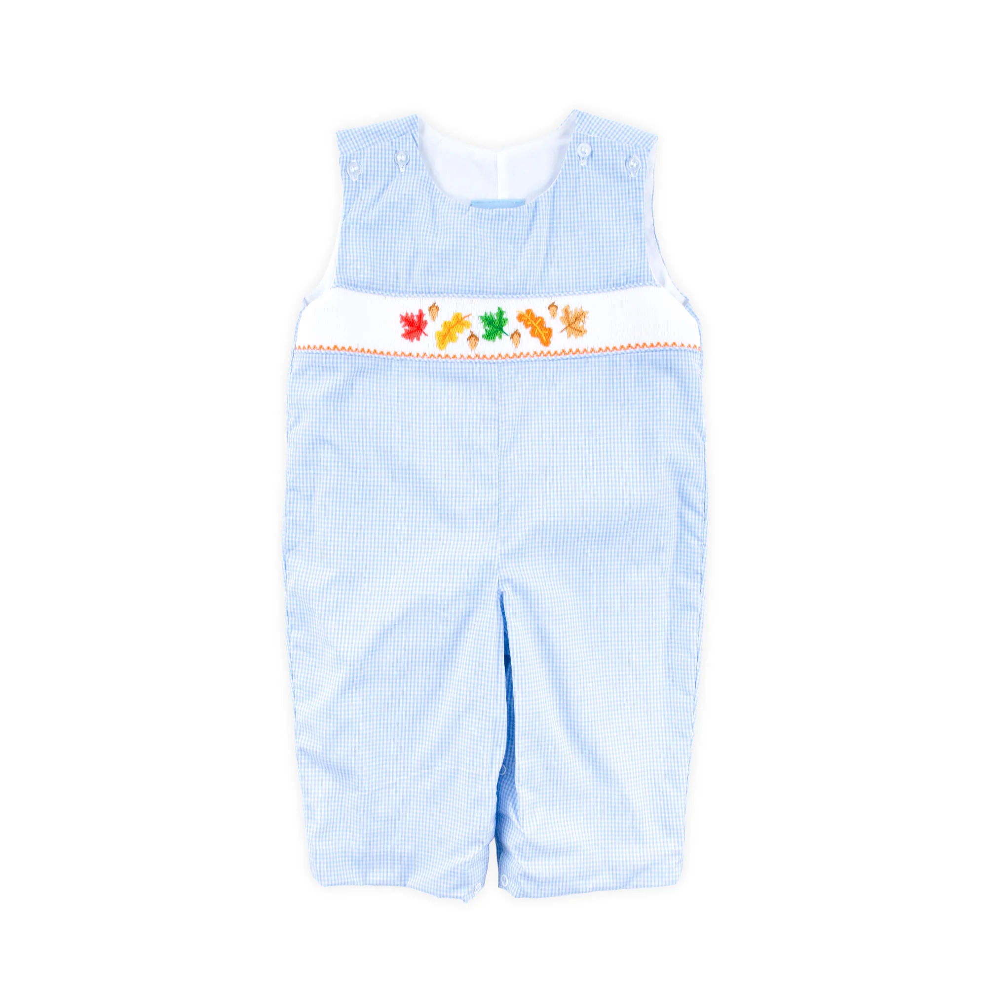 Leaves And Acorn Smocked Light Blue Gingham Longall