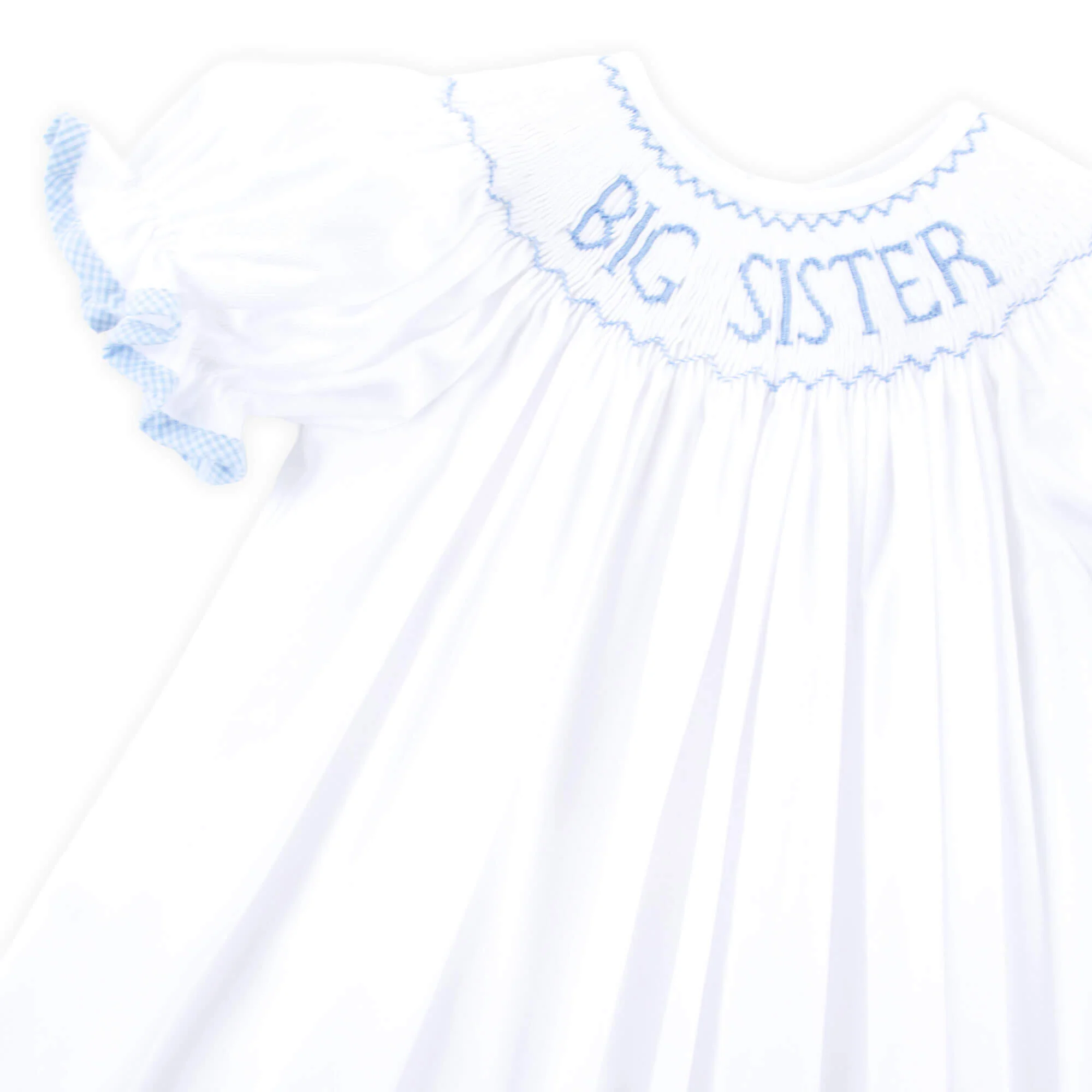 Big Sister Smocked Bishop Dress White with Blue - Image 2