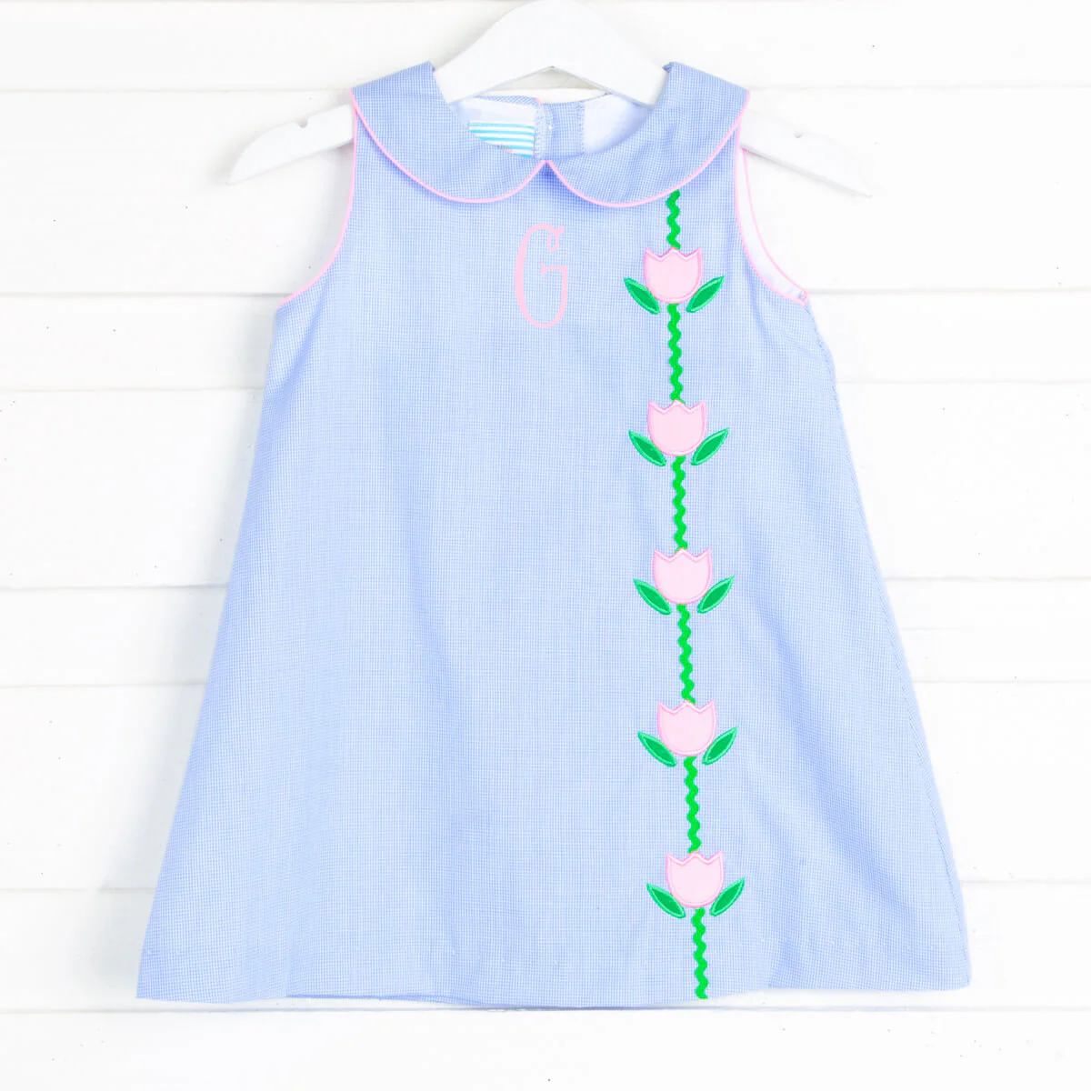 Light Blue Gingham Tulip Applique Collared Dress