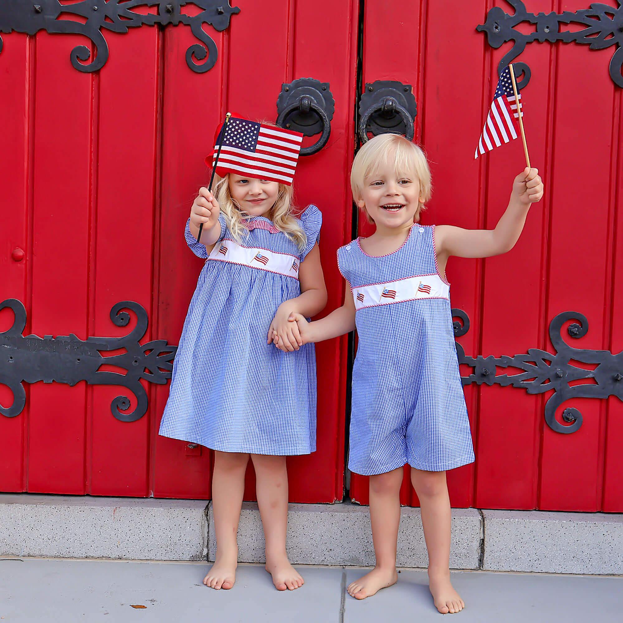 Little Patriot Blue Gingham Ruffle Collared Dress - Image 3