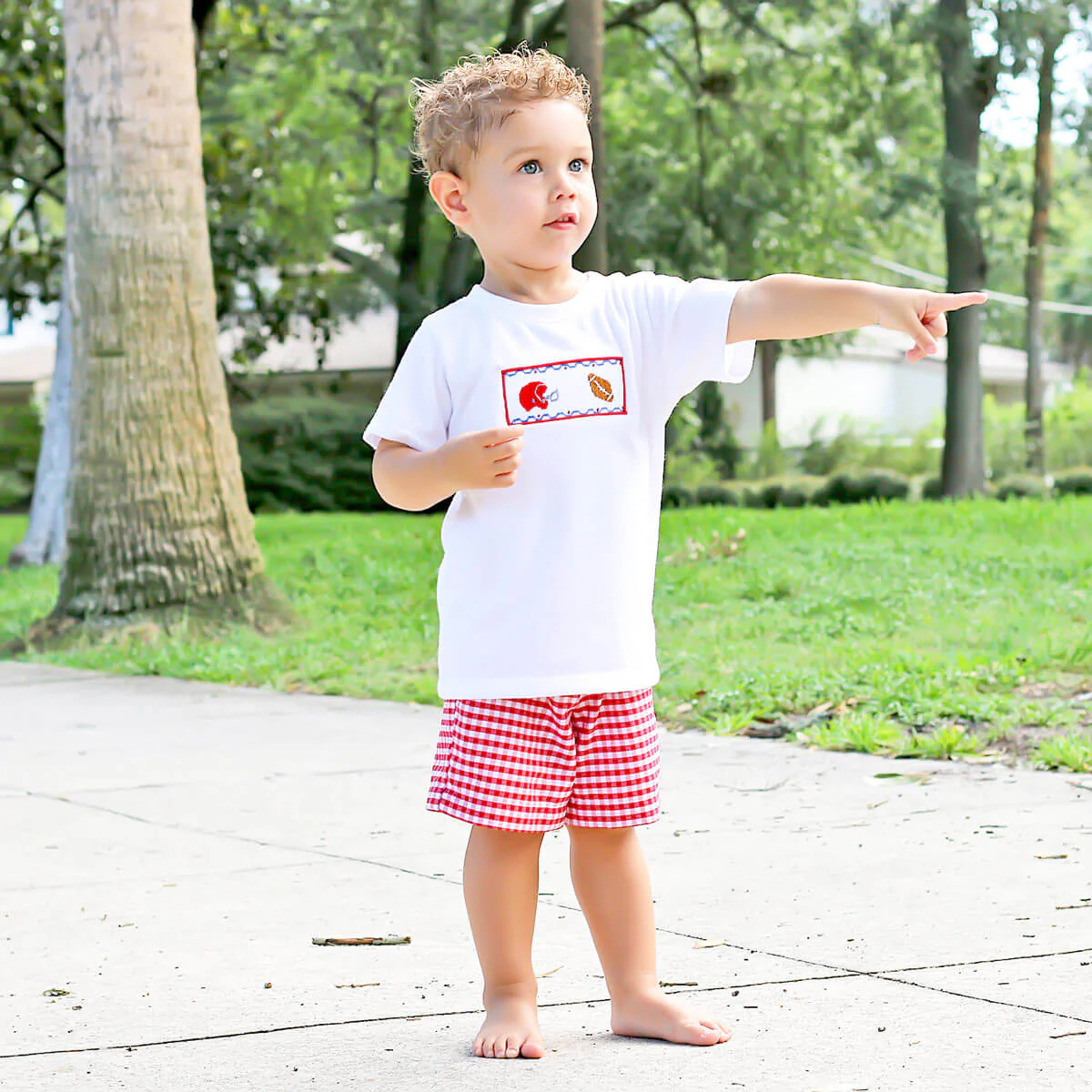 Red Check Football Smocked Short Set - Image 3