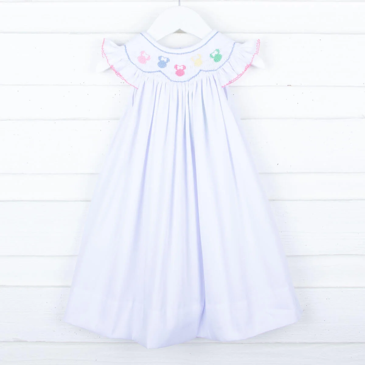 Pastel Mouse Ears Smocked White Pique Dress