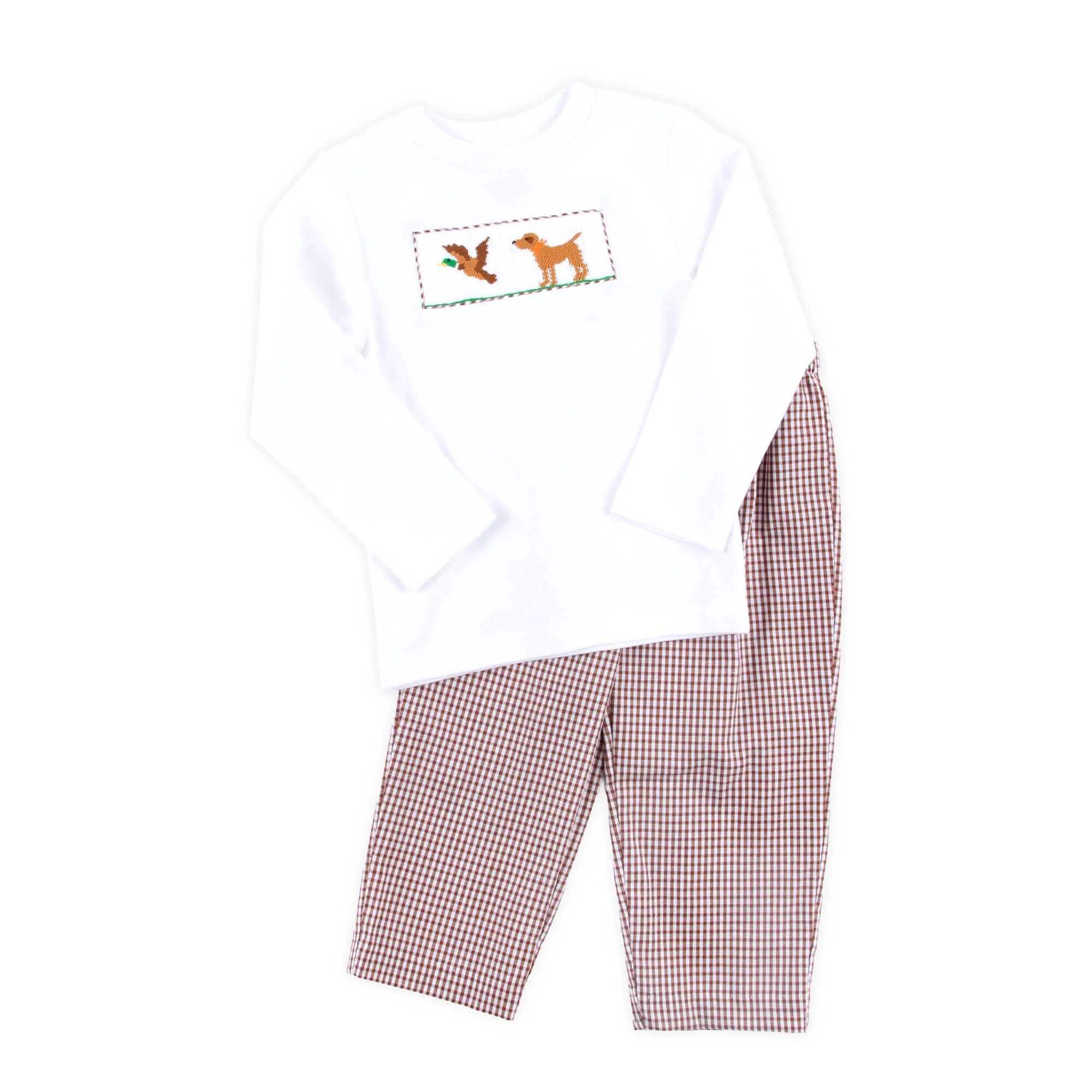 Mallard & Dog Smocked Brown Gingham Pant Set