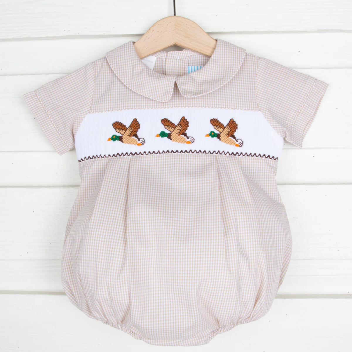 Mallard Smocked Collared Boy Bubble Tan Gingham
