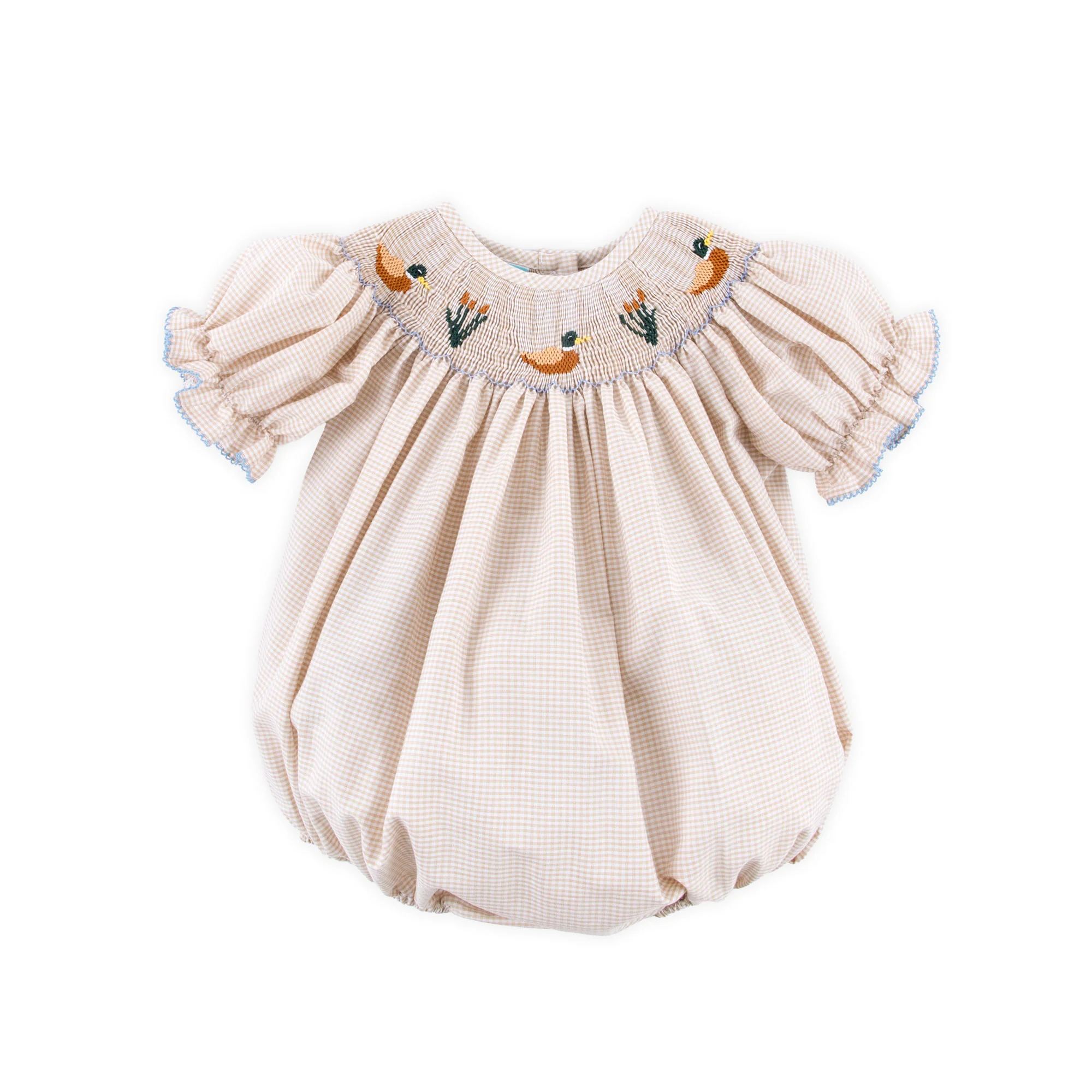 Mallard Smocked Tan Gingham Bishop Bubble
