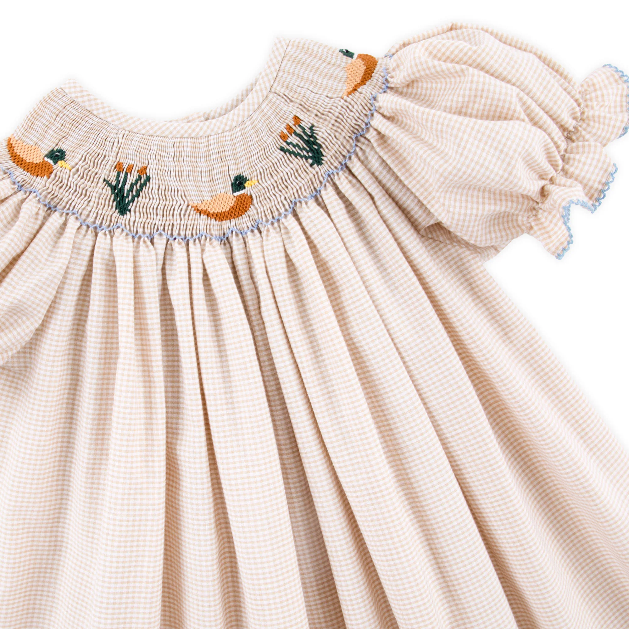 Mallard Smocked Tan Gingham Bishop Dress - Image 2