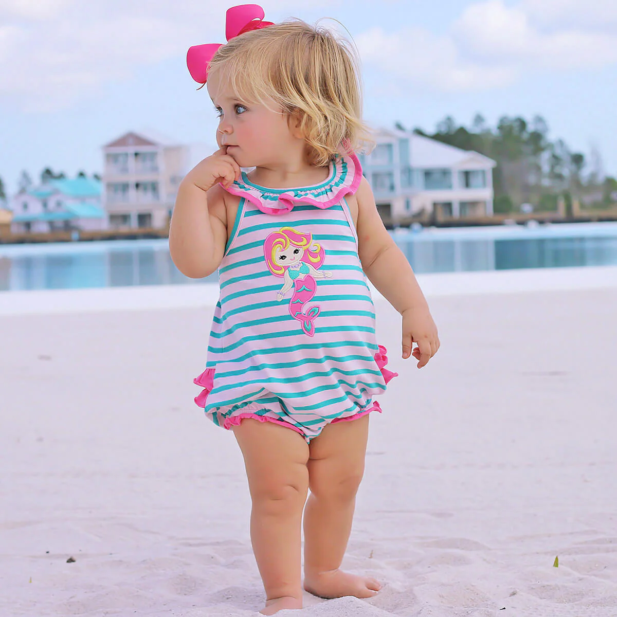 Mermaid Applique Stripe Ruffle Bubble