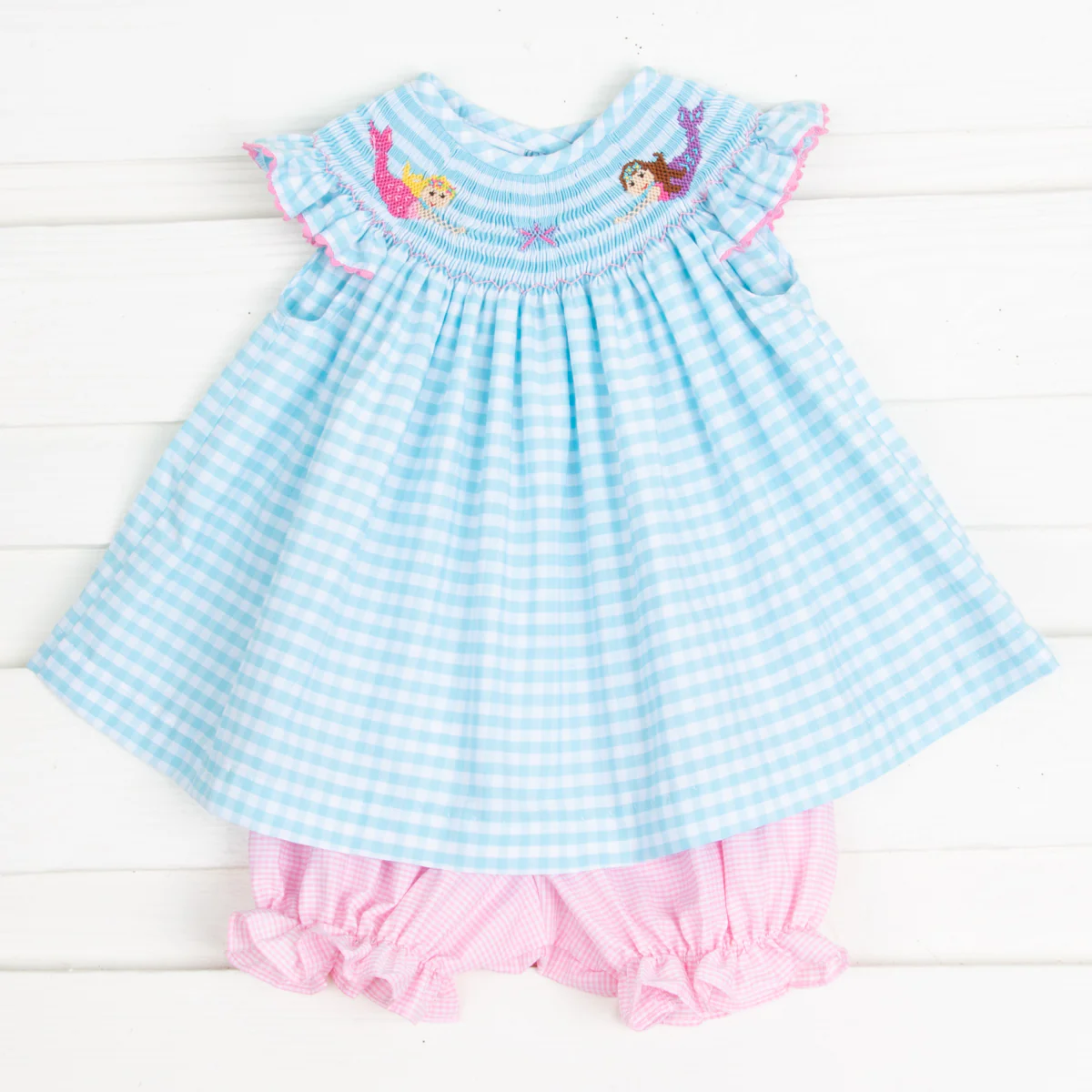 Mermaid Smocked Bloomer Set Aqua Check