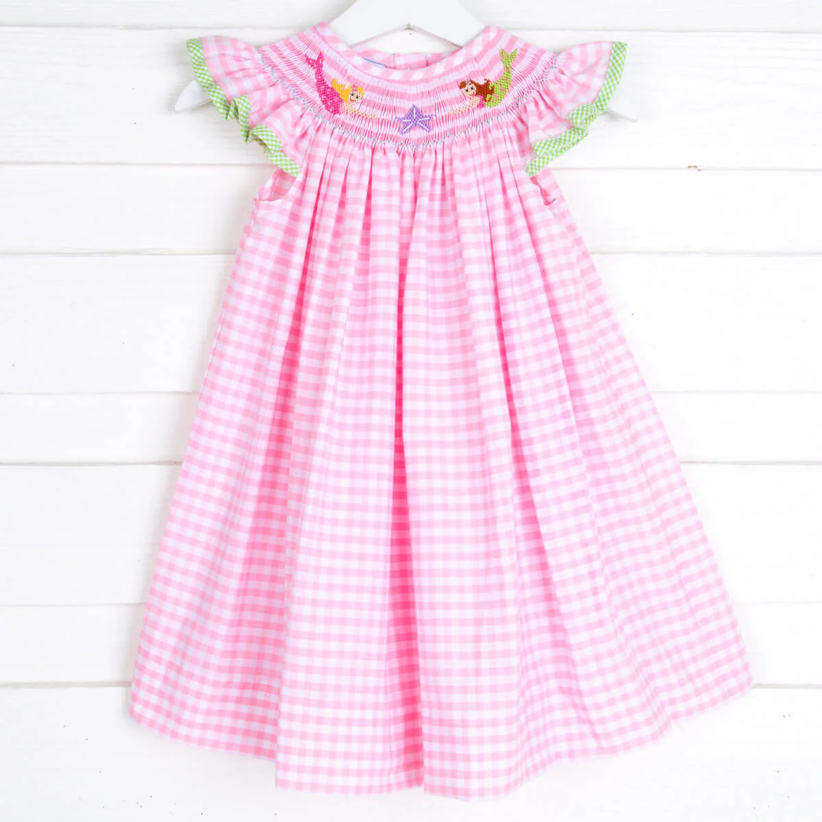Mermaid Smocked Pink Gingham Dress