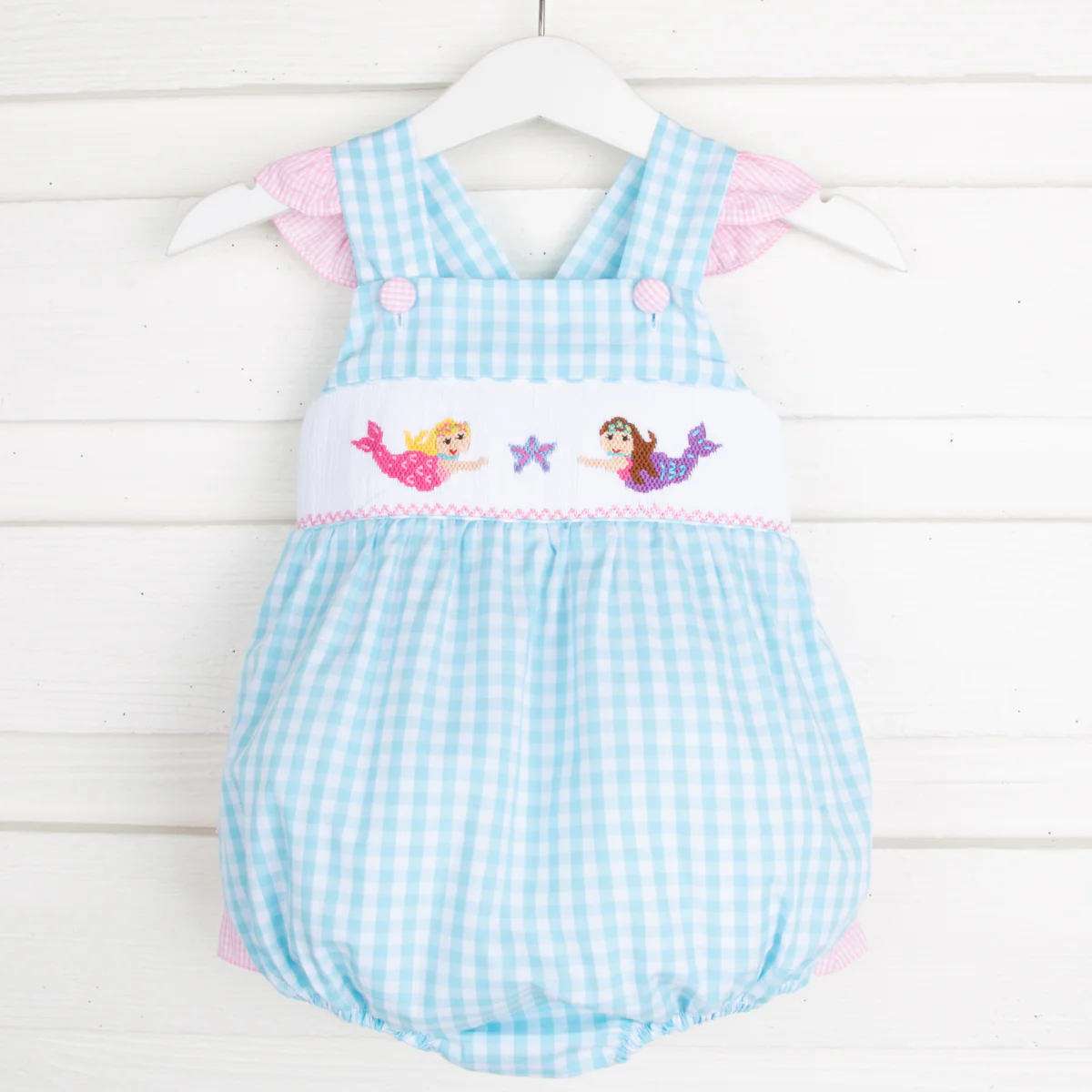 Mermaid Smocked Ruffle Bubble Aqua Check