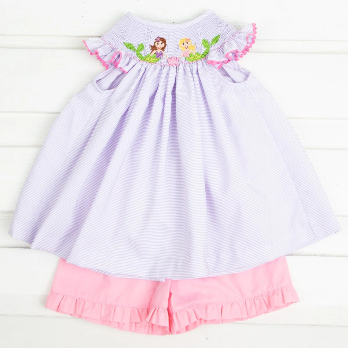 Mermaid Smocked Short Set Lavender Stripe