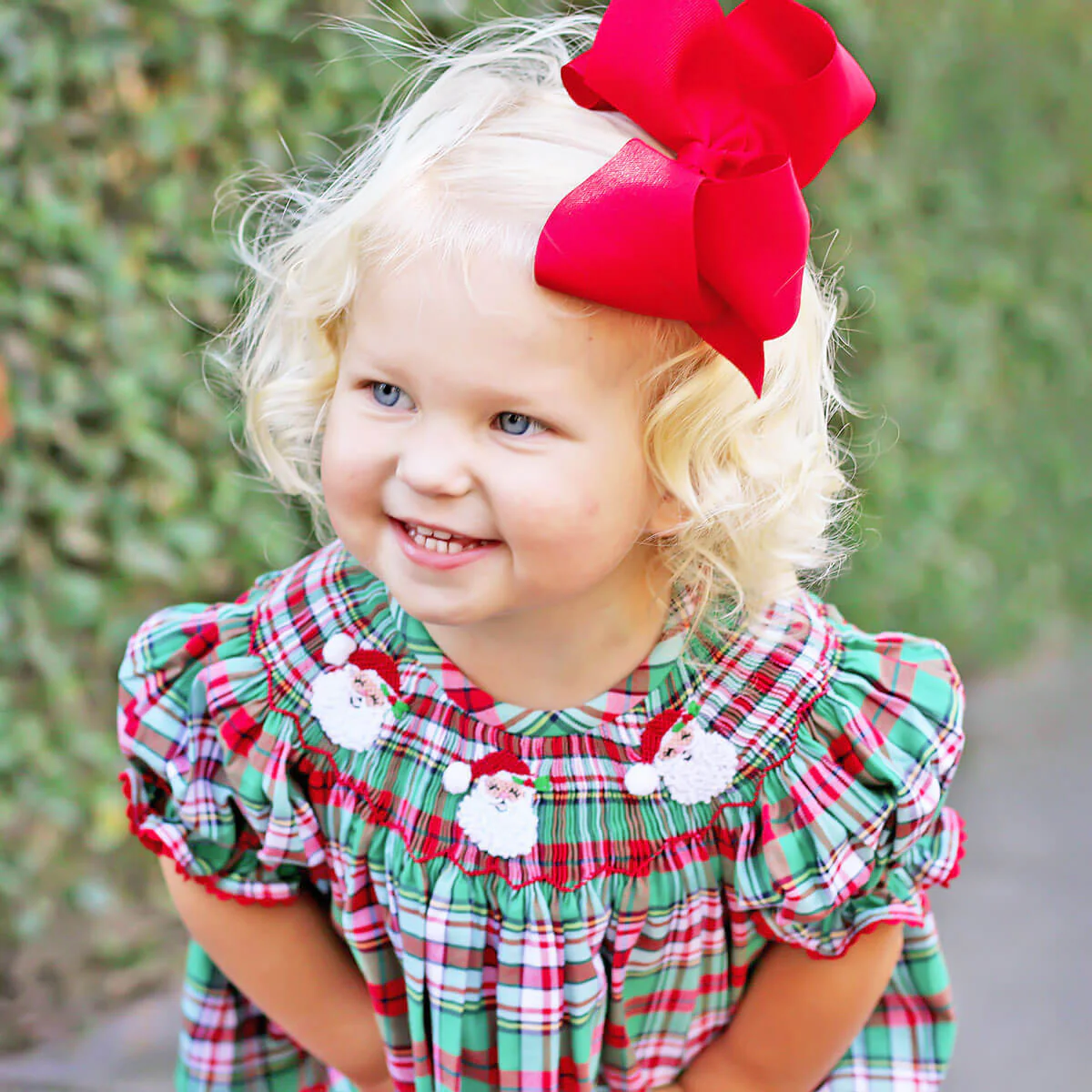 Merry & Bright Plaid Smocked Santa Bloomer Set - Image 6
