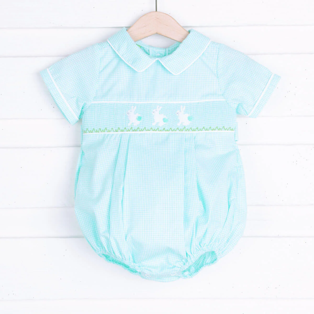 Turquoise Gingham Bunny Smocked Boy Bubble