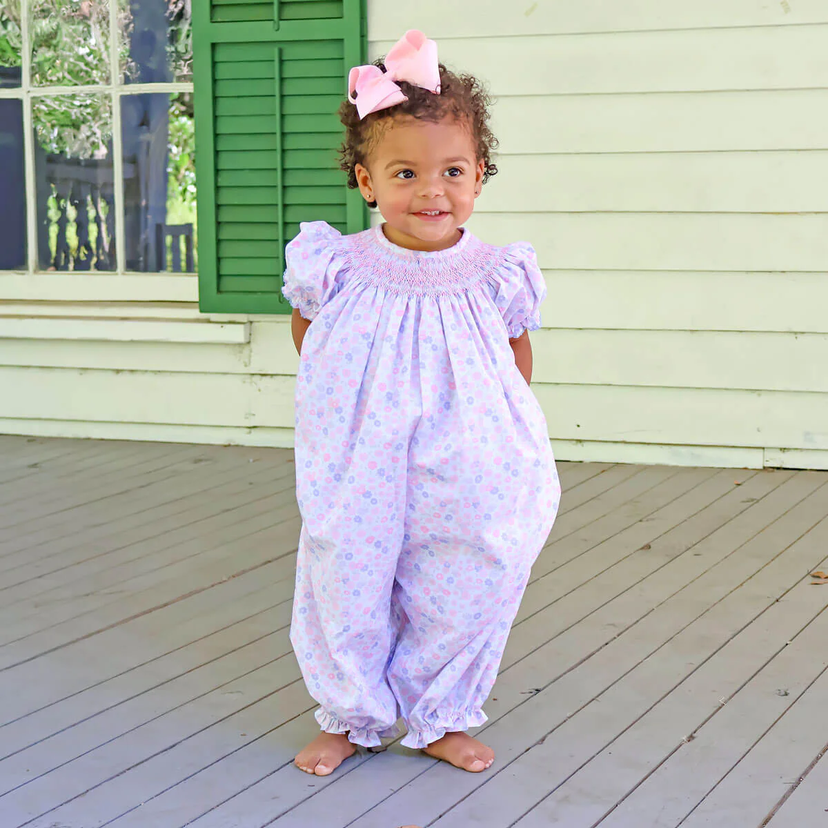 Pink Floral Geo Smocked Bishop Long Bubble