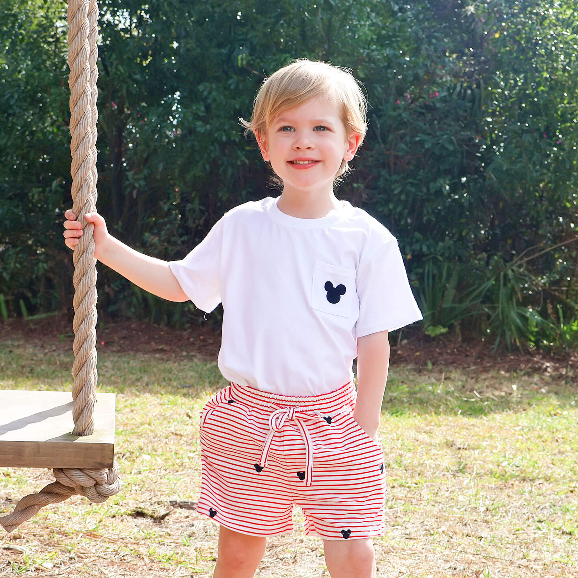 Mouse Ears Schiffli Red Stripe Shorts - Image 3