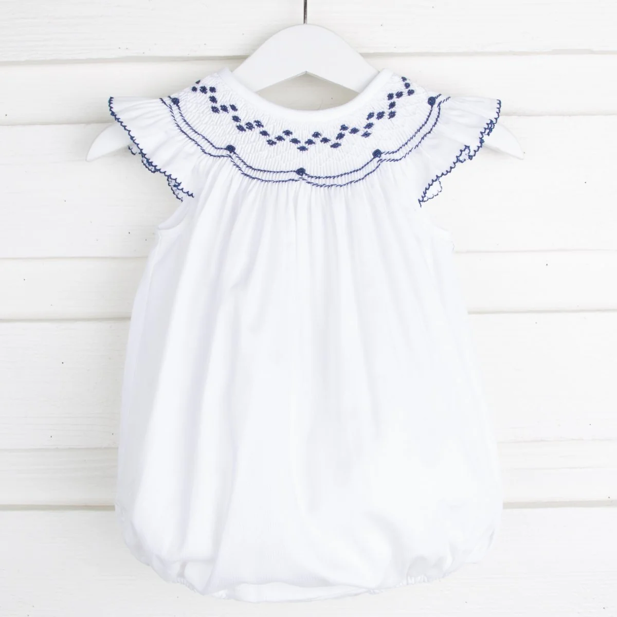 Navy and White Geometric Smocked Bubble White Pique