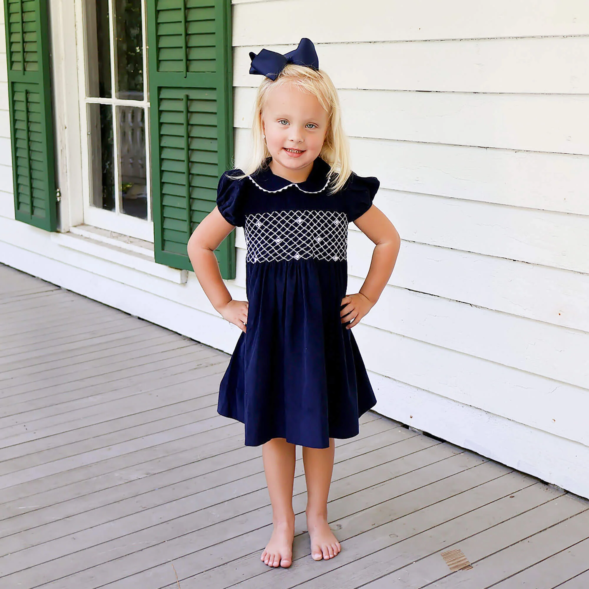 Navy Corduroy Smocked Collared Dress