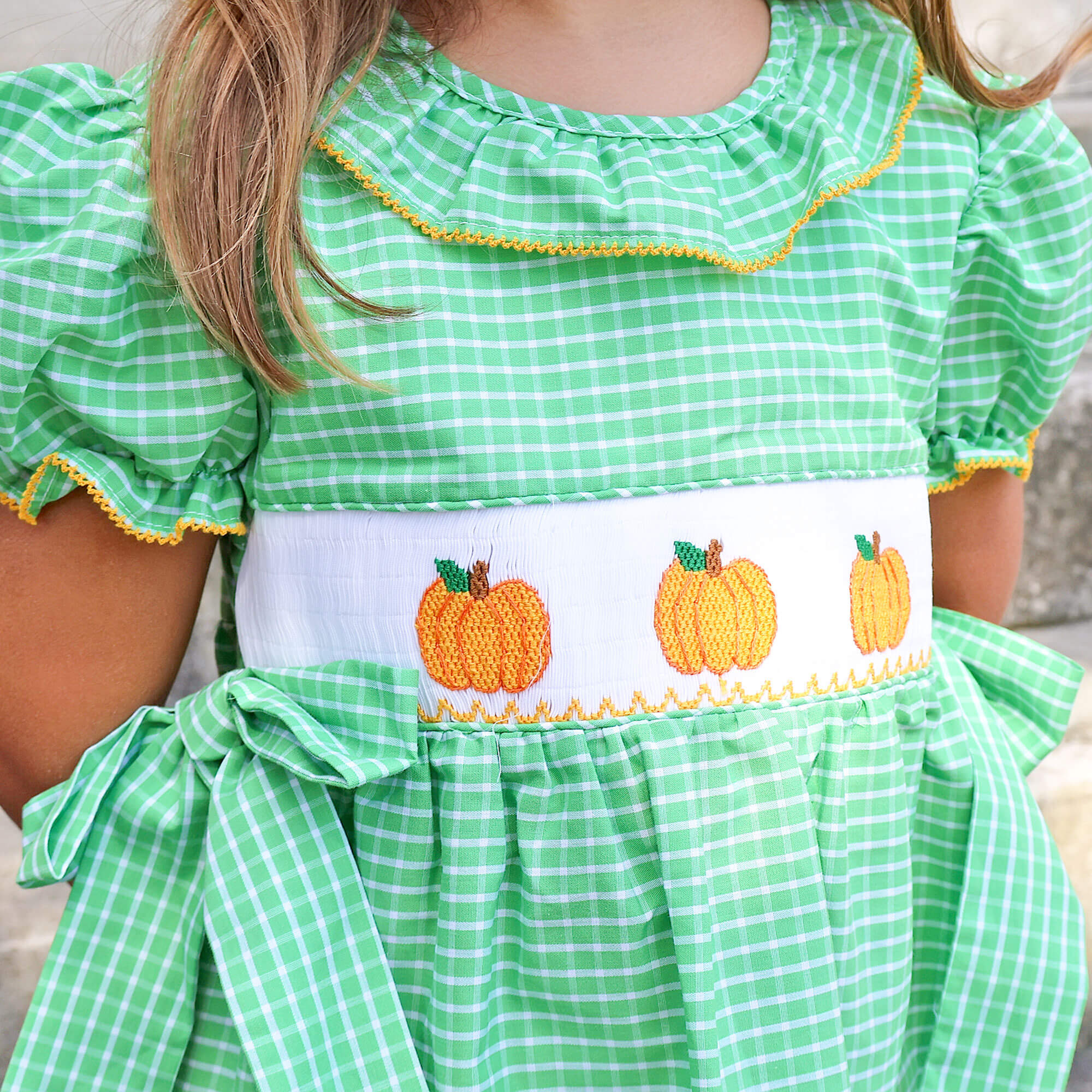 Paradise Pumpkin Smocked Green Windowpane Beverly Dress - Image 3
