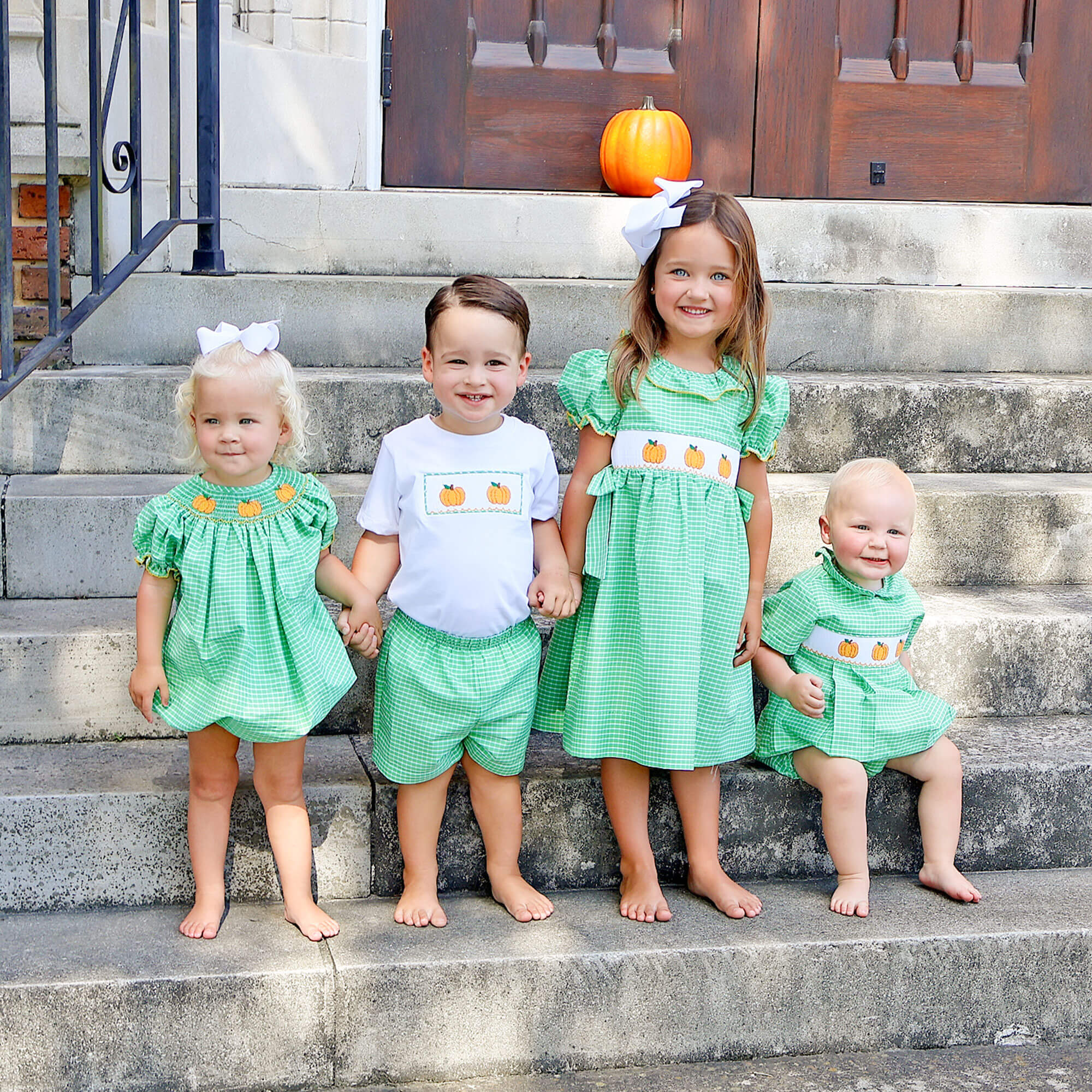 Paradise Pumpkin Smocked Green Windowpane Beverly Dress - Image 4