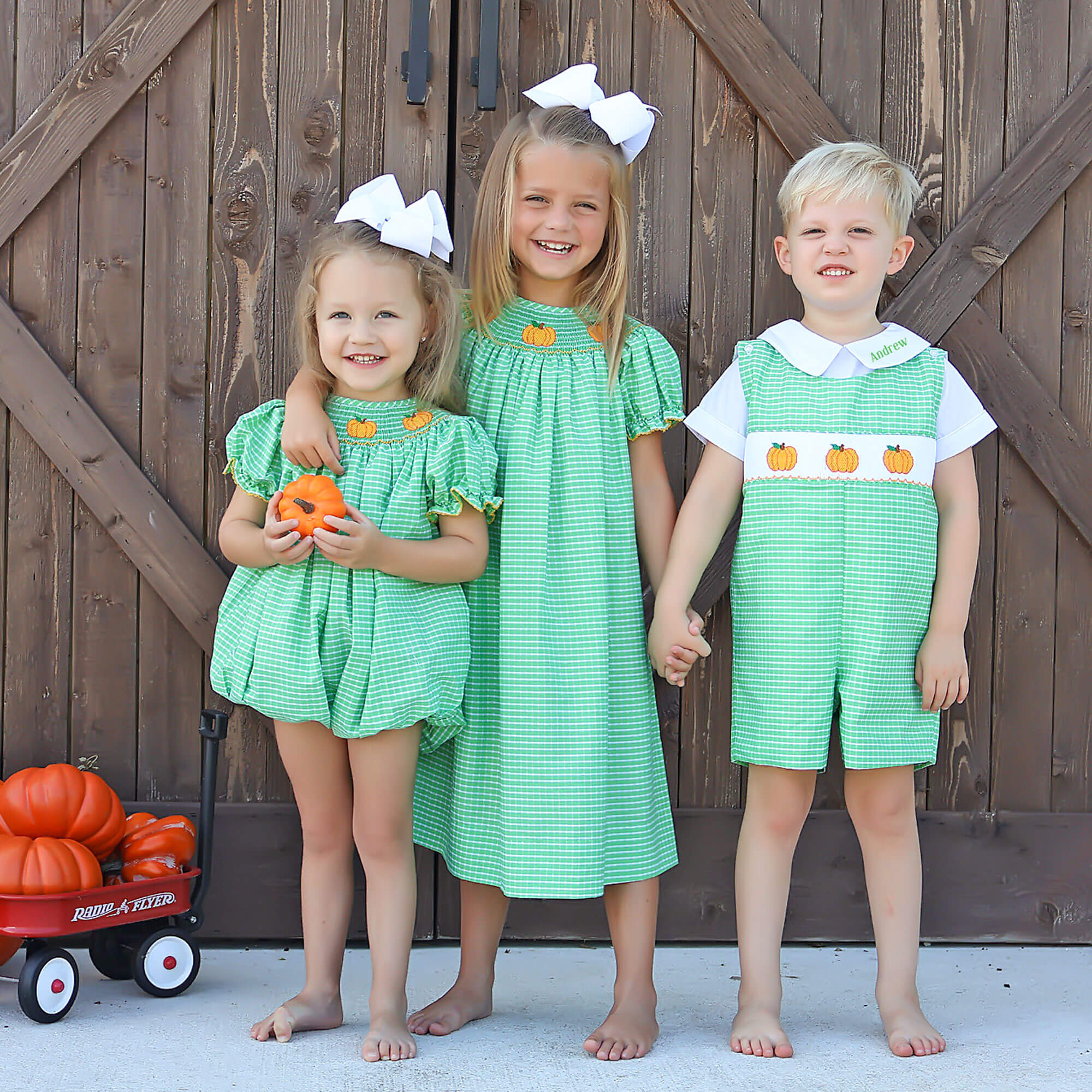 Paradise Pumpkin Smocked Green Windowpane Bishop Dress - Image 4
