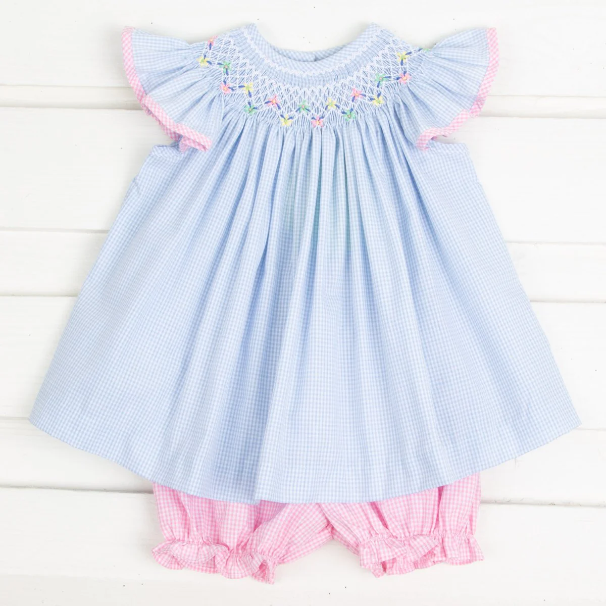 Peach Floral Smocked Bloomer Set Light Blue Gingham