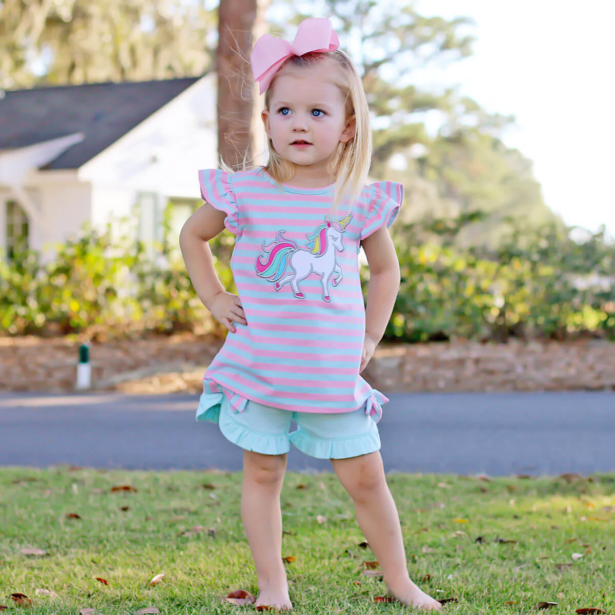 Pink and Blue Stripe Unicorn Milly Short Set