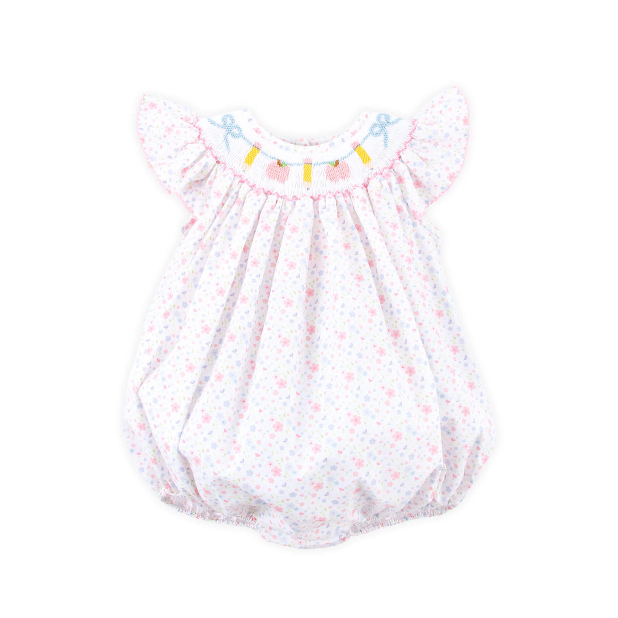 Pink Apple & Pencil Floral Smocked Bubble