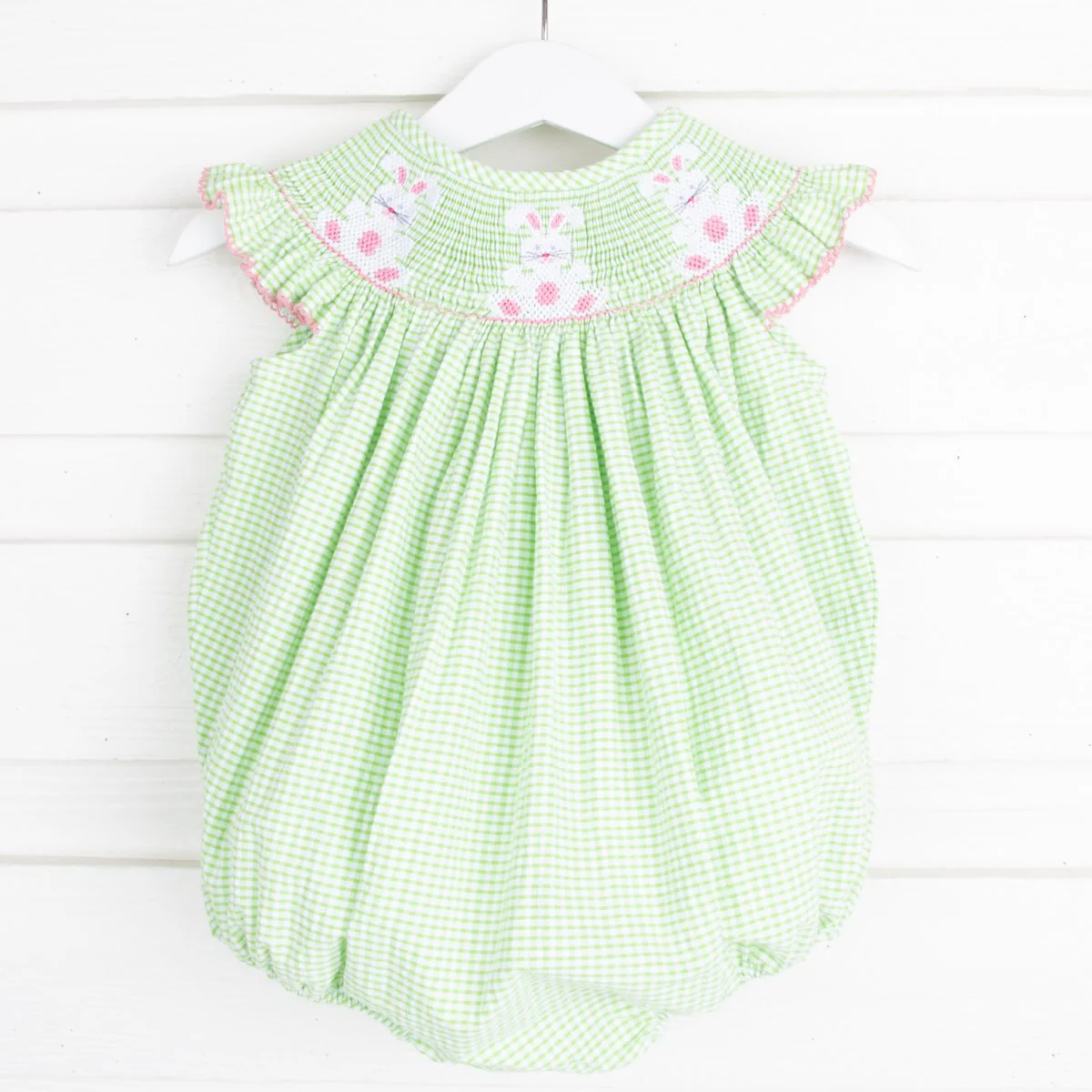 Pink Bunny Smocked Bubble Green Seersucker