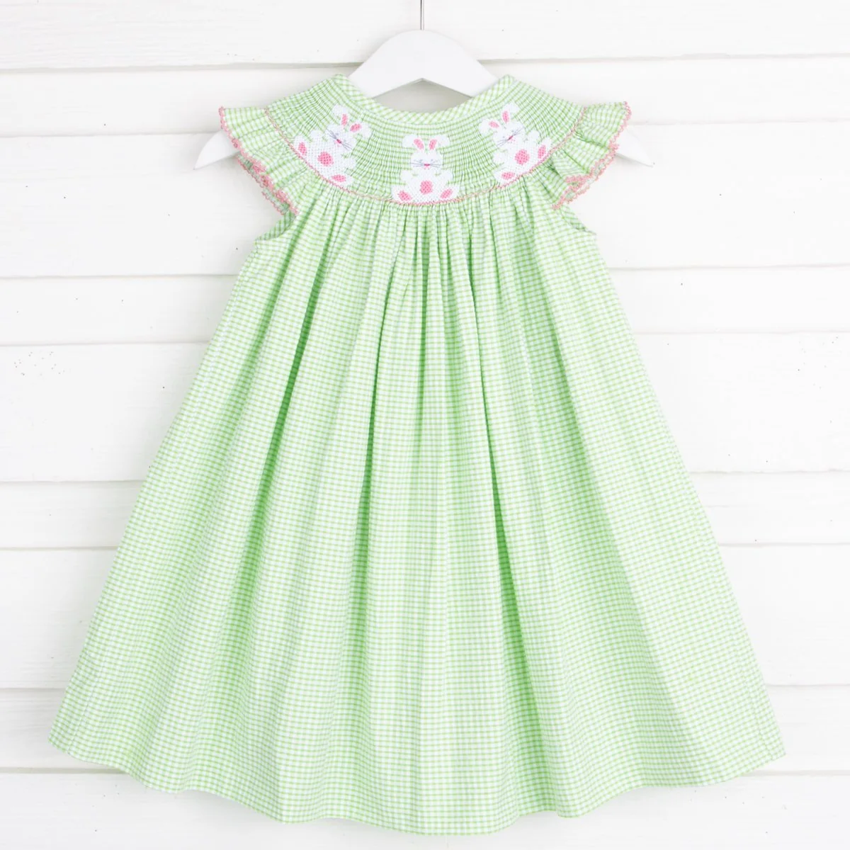 Pink Bunny Smocked Dress Green Seersucker