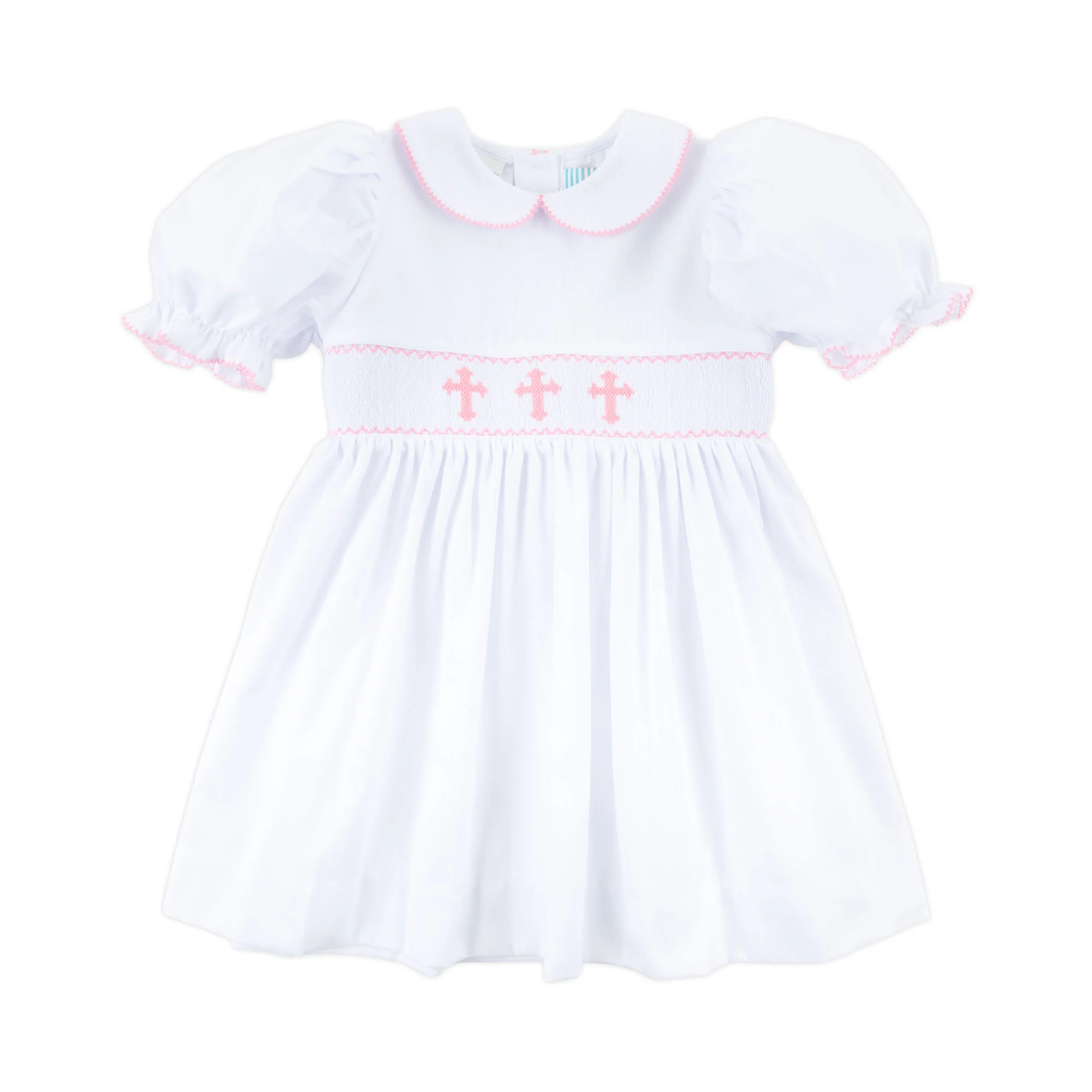 Pink Cross Smocked White Collared Dress