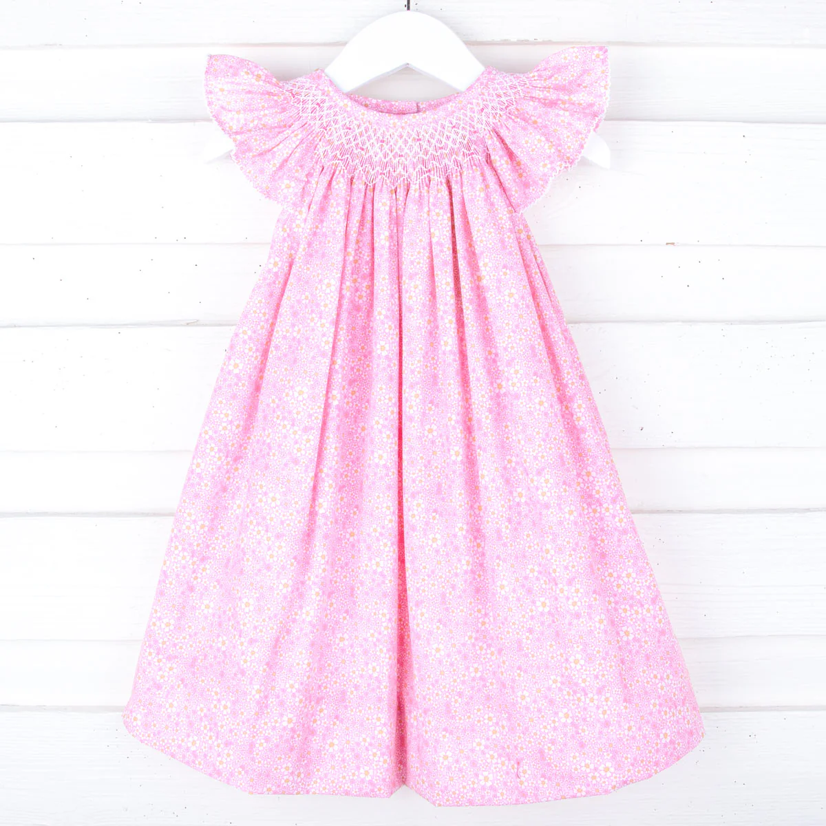 Pink Daisy Print Geometric Smocked Dress