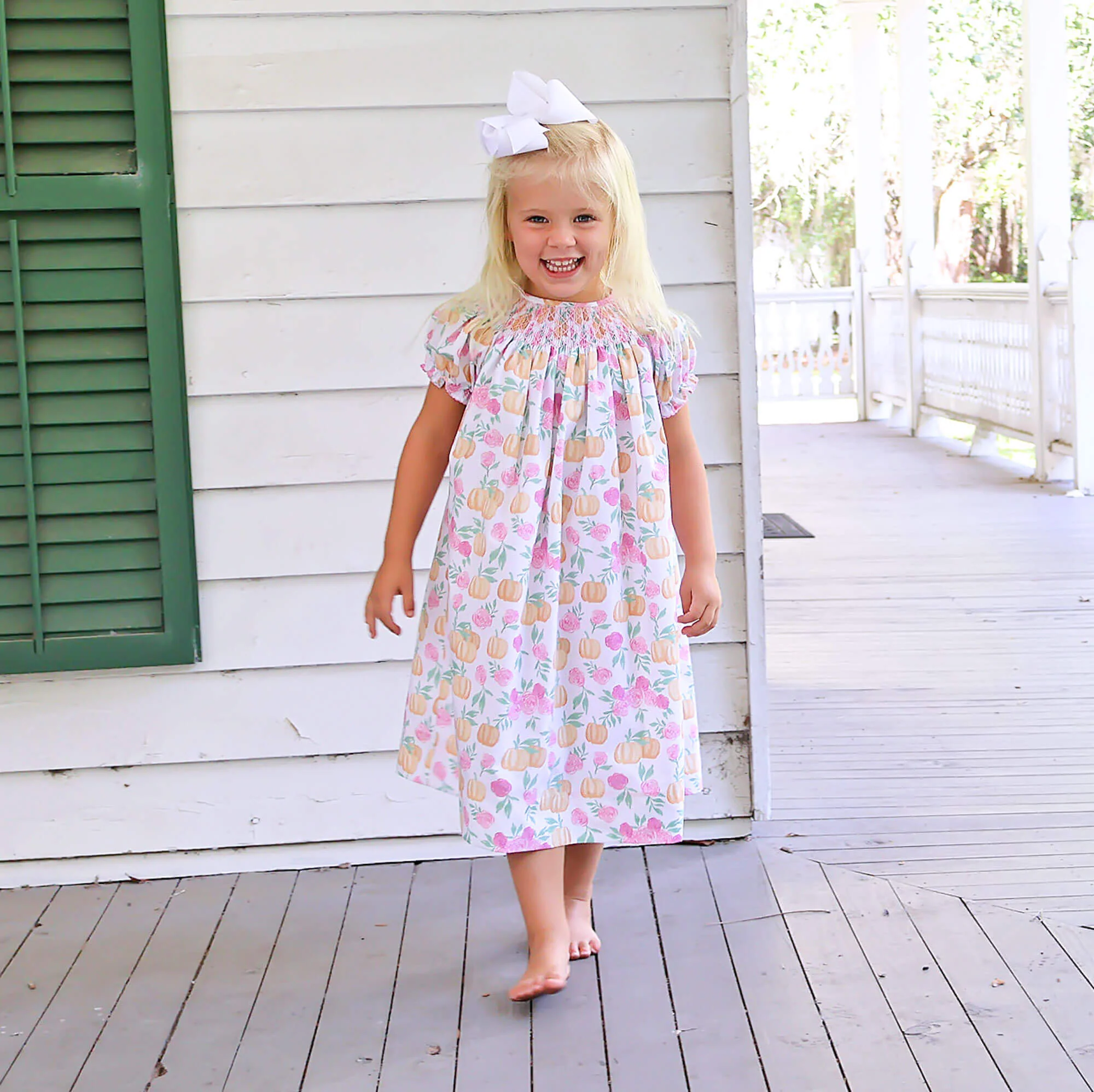 Pink Floral Pumpkin Smocked Bishop Dress