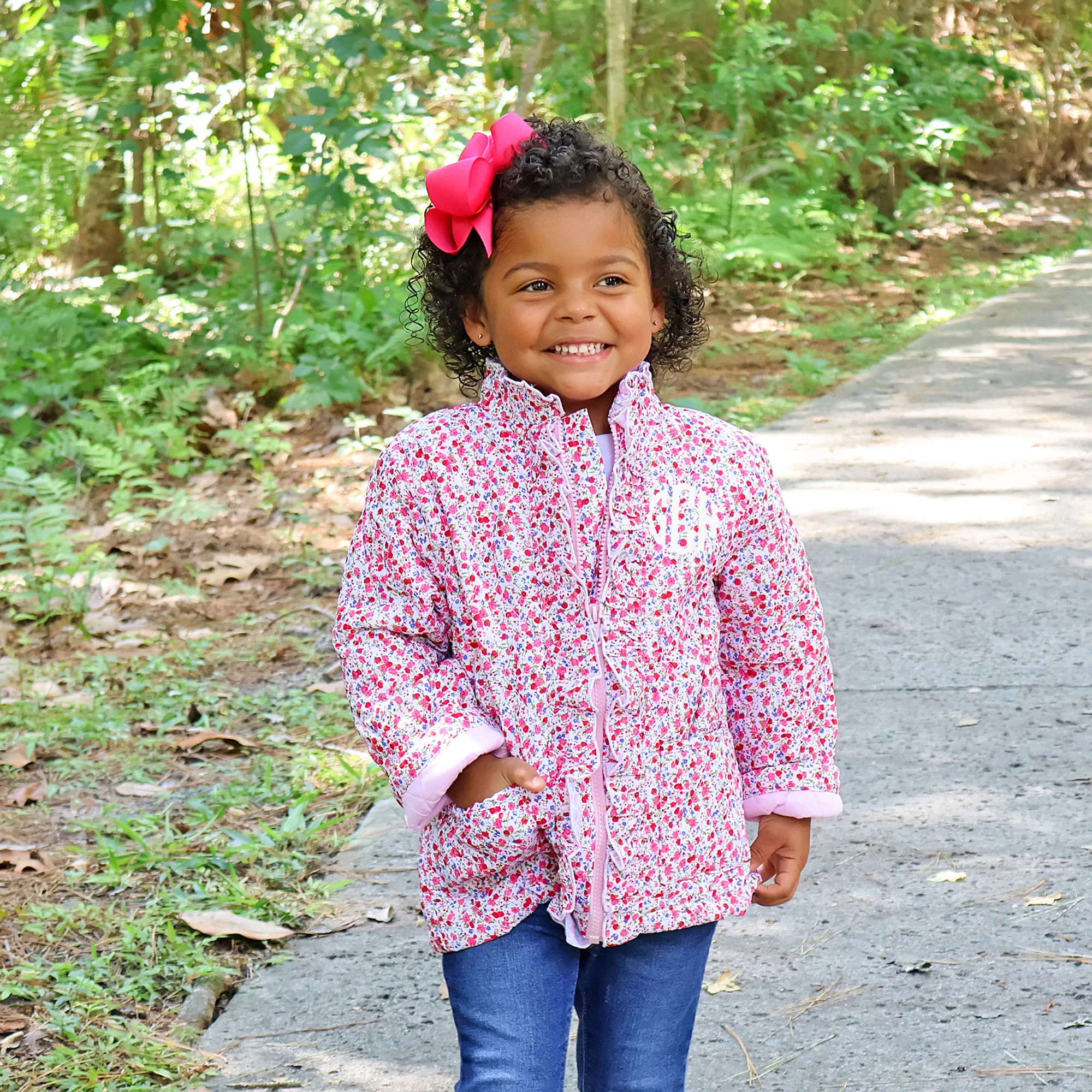 Pink Floral Quilted Ruffle Coat