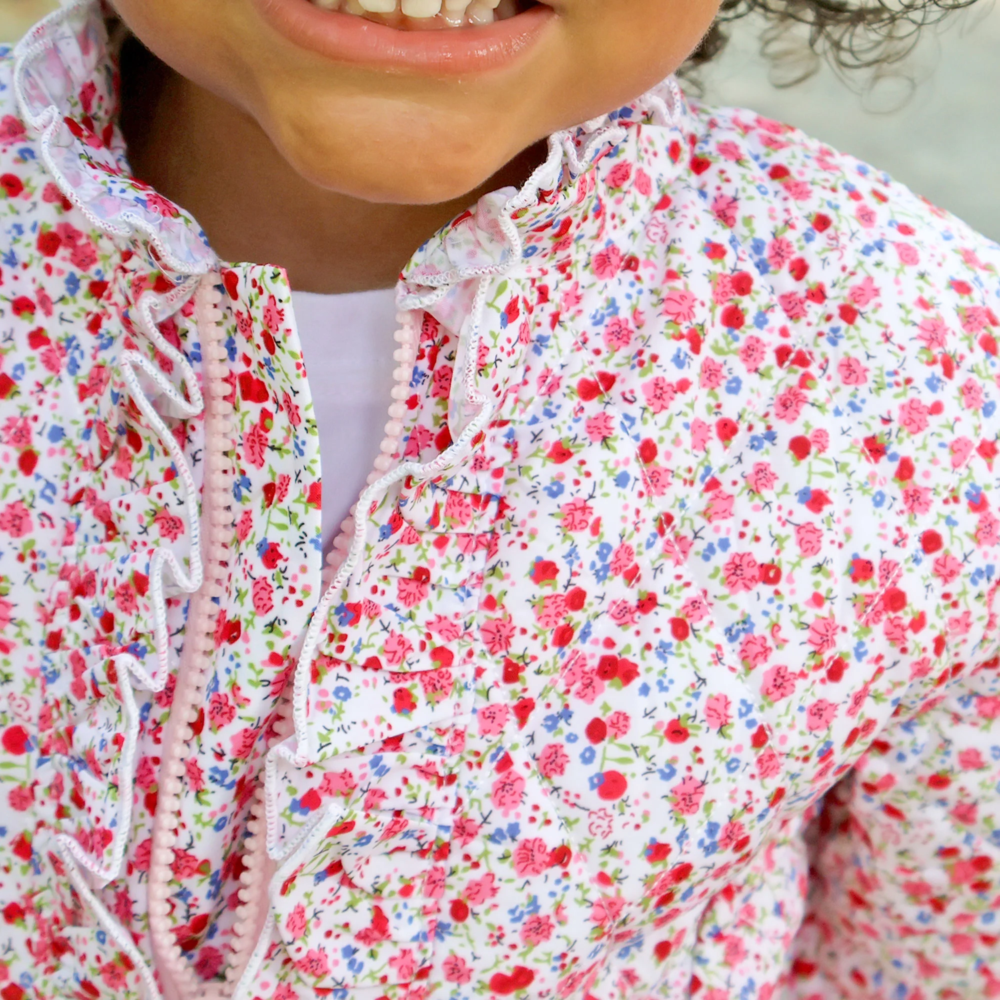 Pink Floral Quilted Ruffle Coat - Image 3