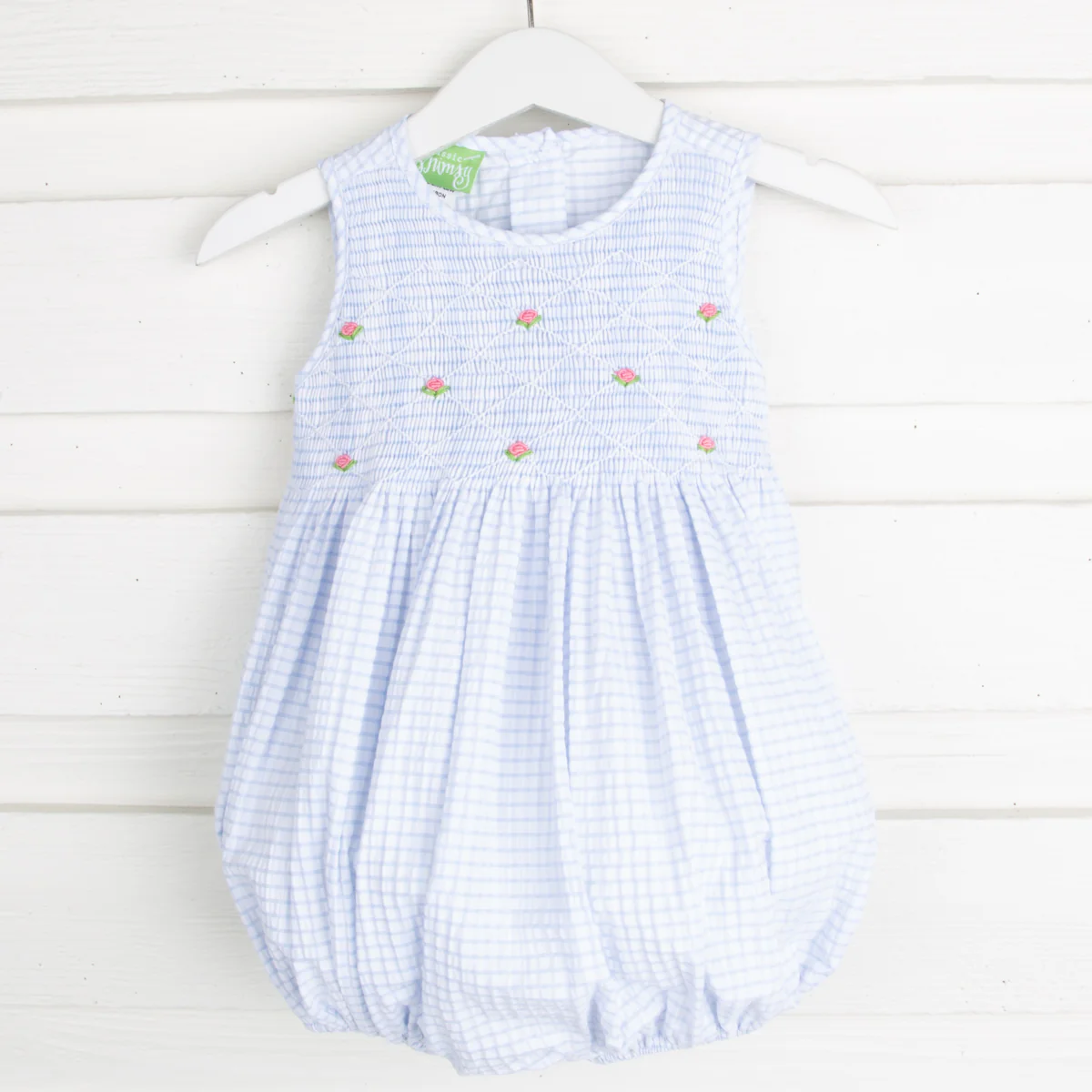 Pink Geometric Chest Smocked Bubble Blue Seersucker
