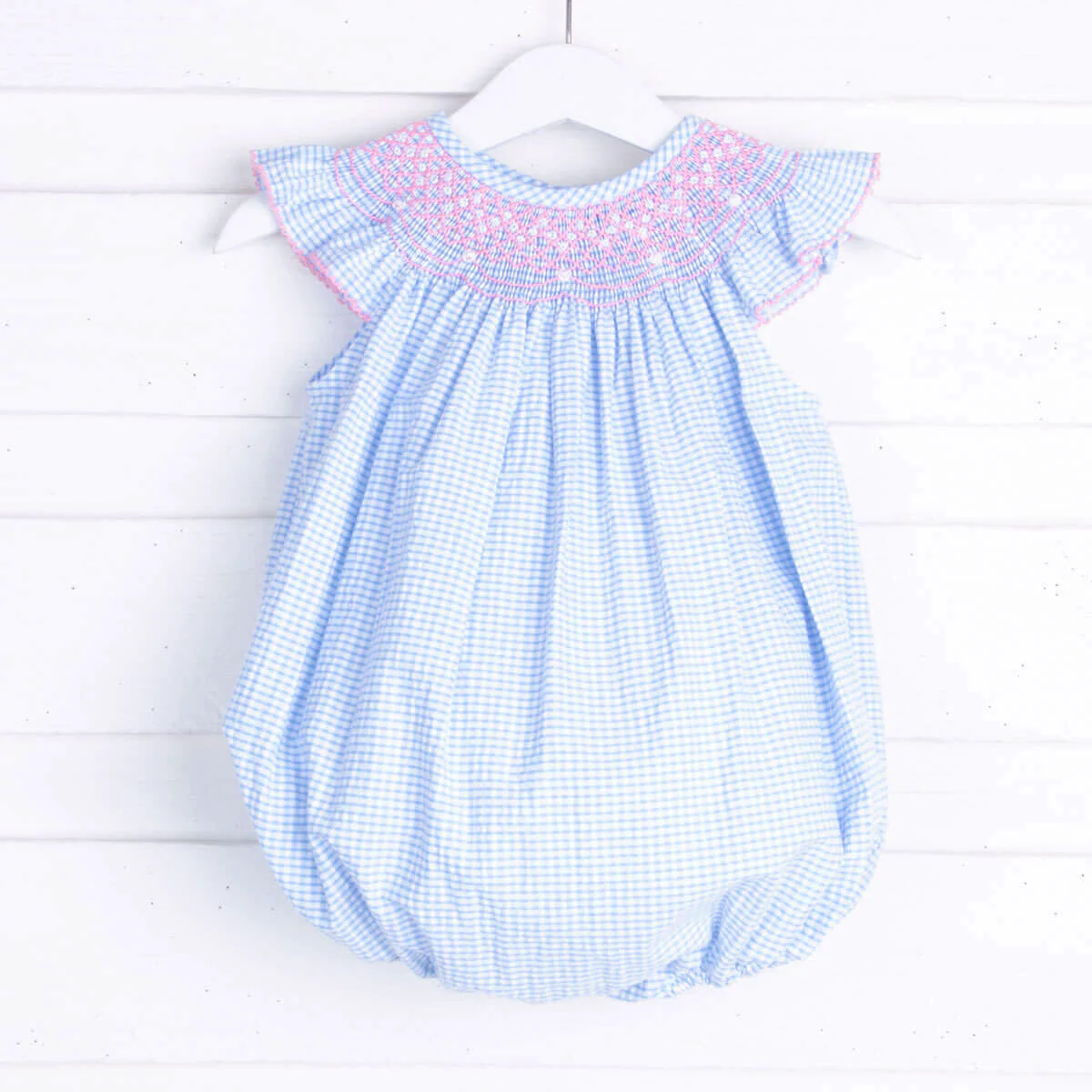 Pink Geometric Smocked Bubble Blue Stripe
