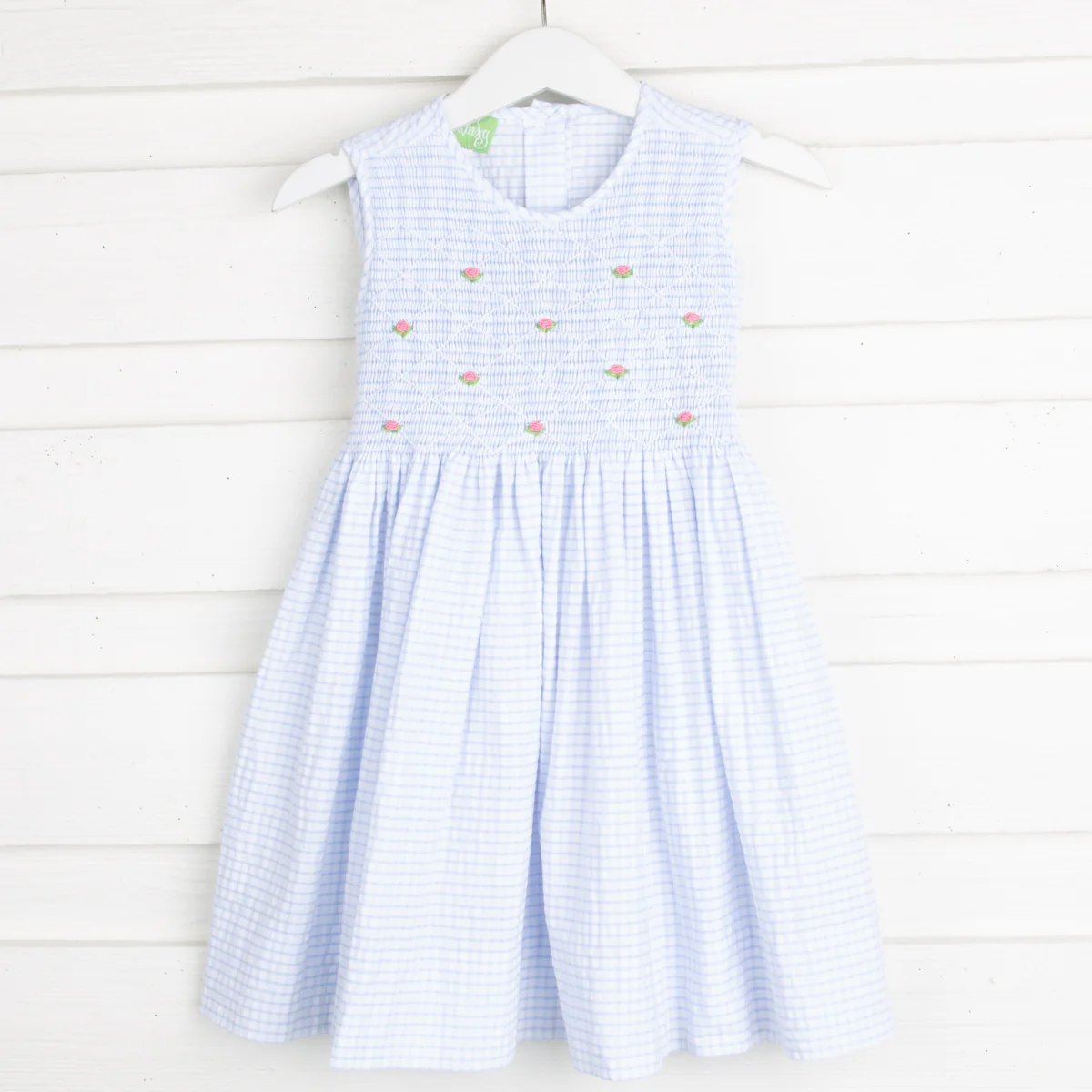 Geometric Smocked Sash Dress Blue Seersucker