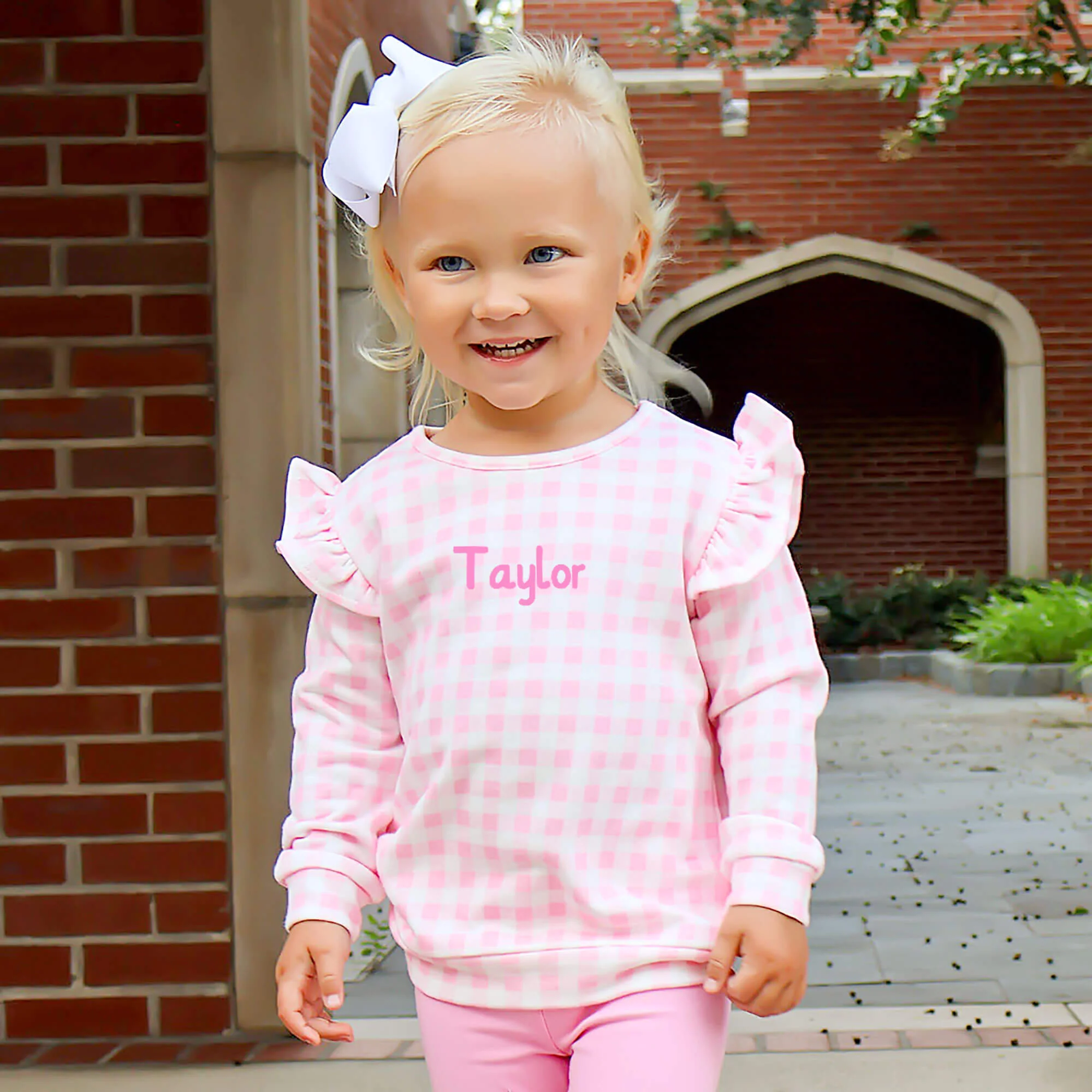 Pink Gingham Ruffle Sweatshirt