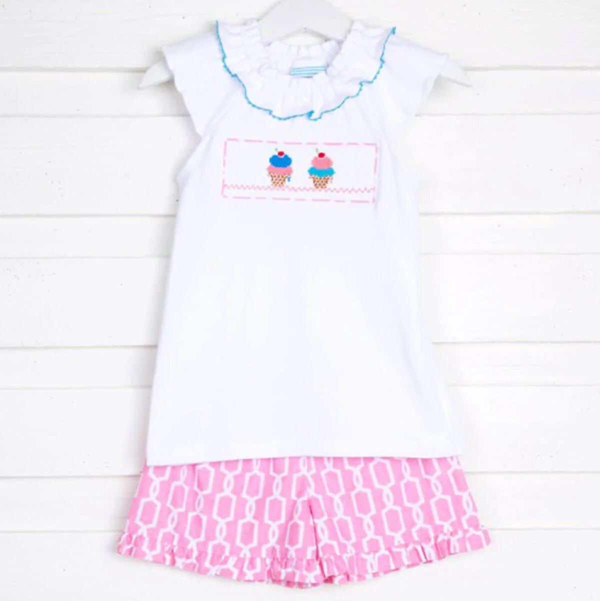 Pink Ice Cream Smocked Short Set
