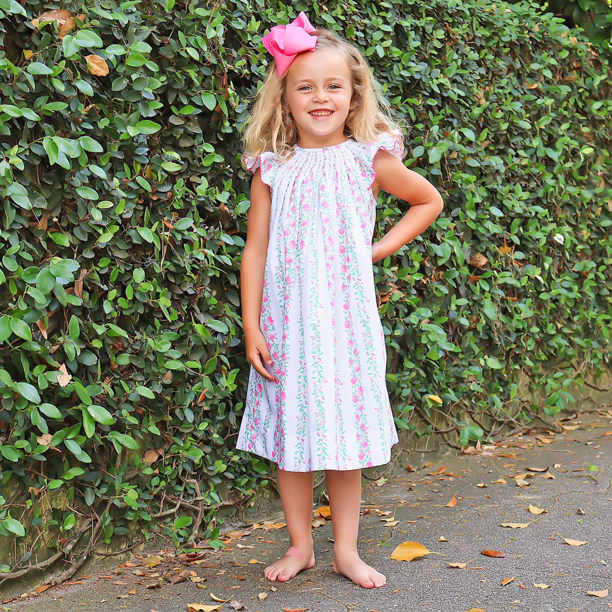 Pink Rose Floral Smocked Angel Sleeve Dress