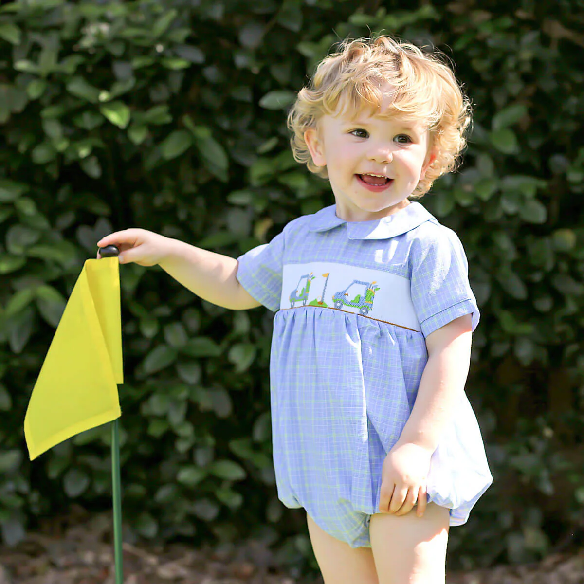 Play Golf Blue Plaid Smocked Collared Bubble